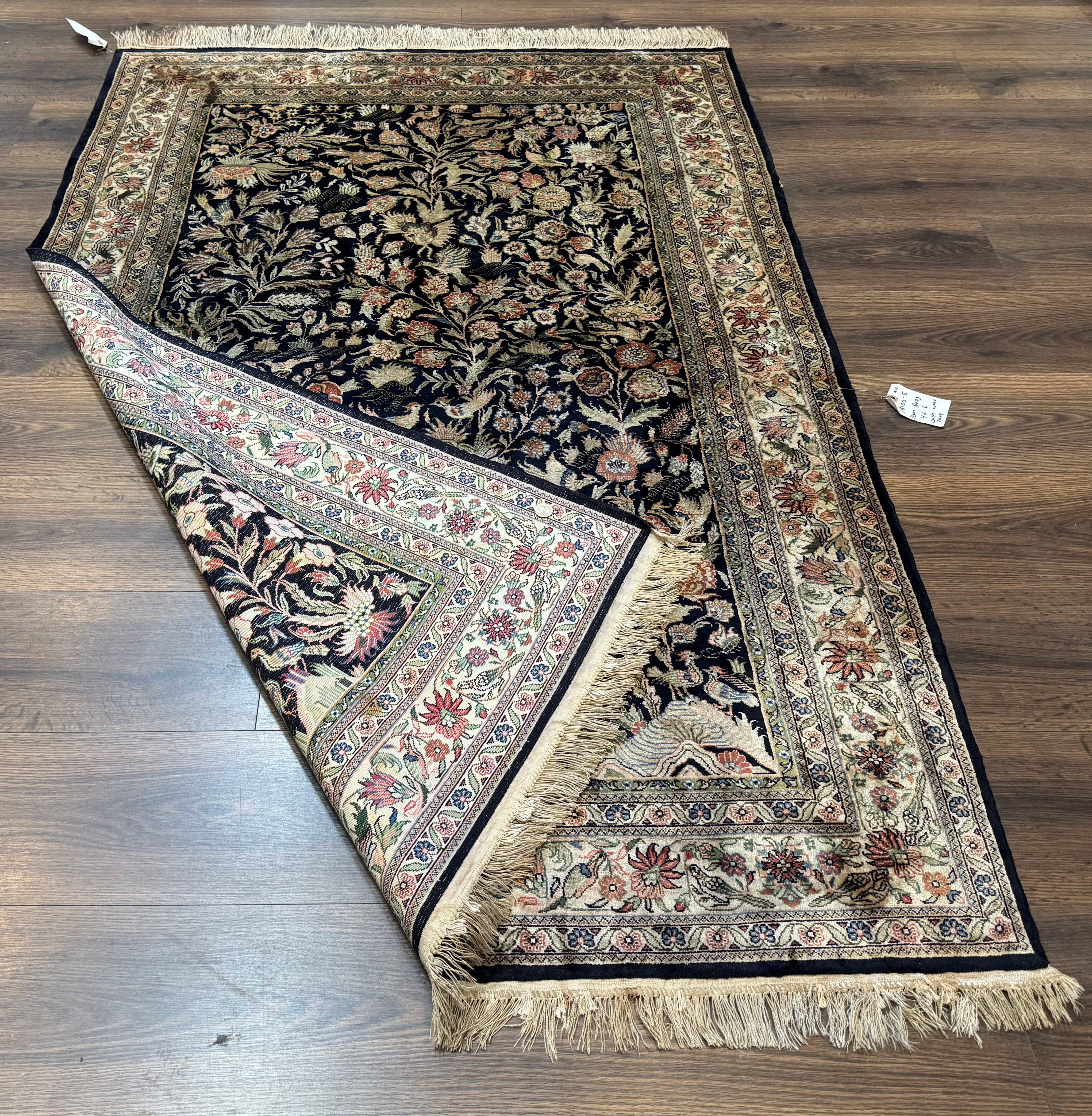 Silk Rug 4x6, Black and Cream, Floral & Bird Pictorials, Fine 330 KPSI, Sino Persian Rug - Image 11