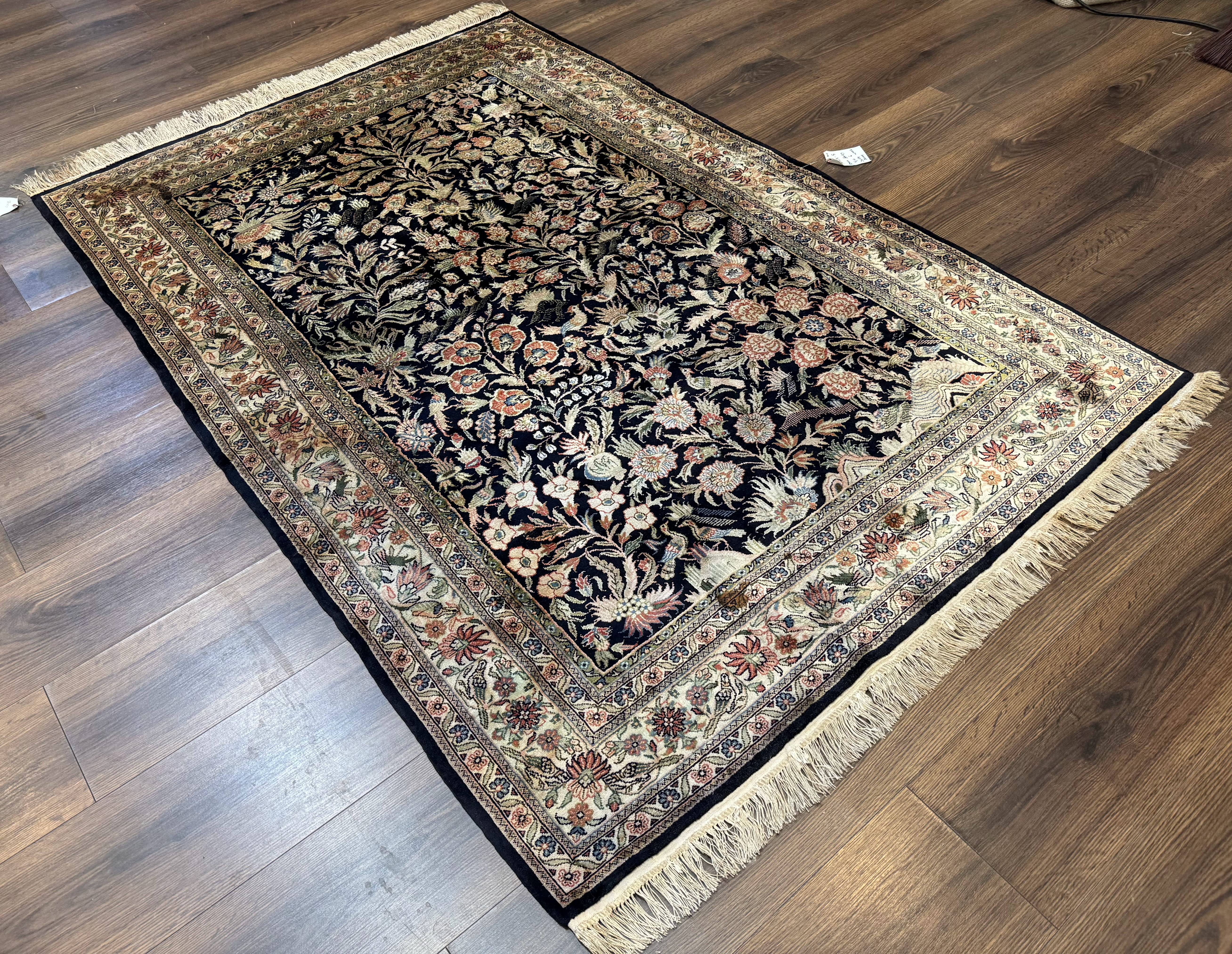 Silk Rug 4x6, Black and Cream, Floral & Bird Pictorials, Fine 330 KPSI, Sino Persian Rug - Image 12