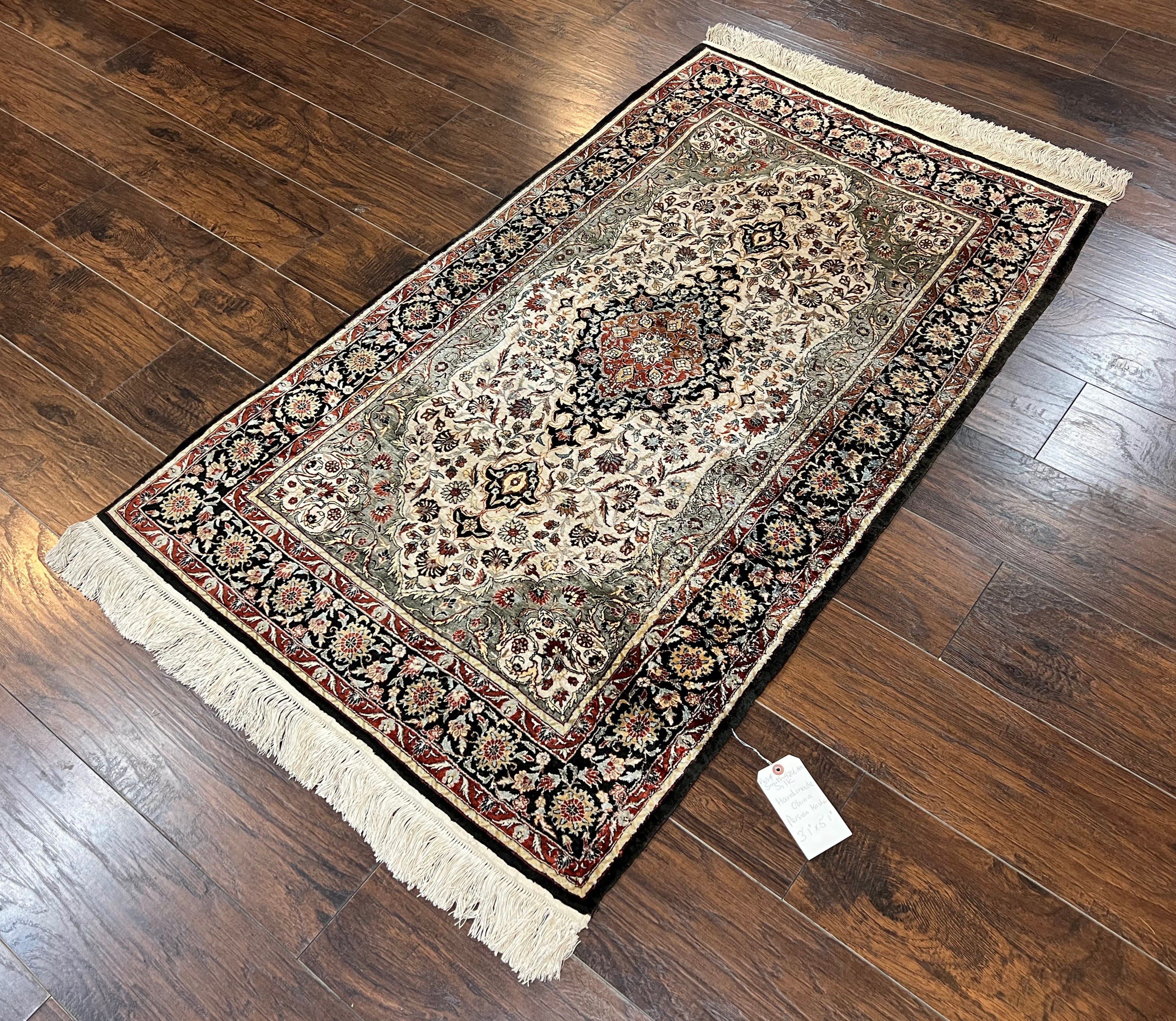 Silk Sino Persian Rug 3x5, Floral Medallion, Hand Knotted Silk Pile Silk Foundation, Traditional Silk Handmade Oriental Carpet, Cream Black - Image 2