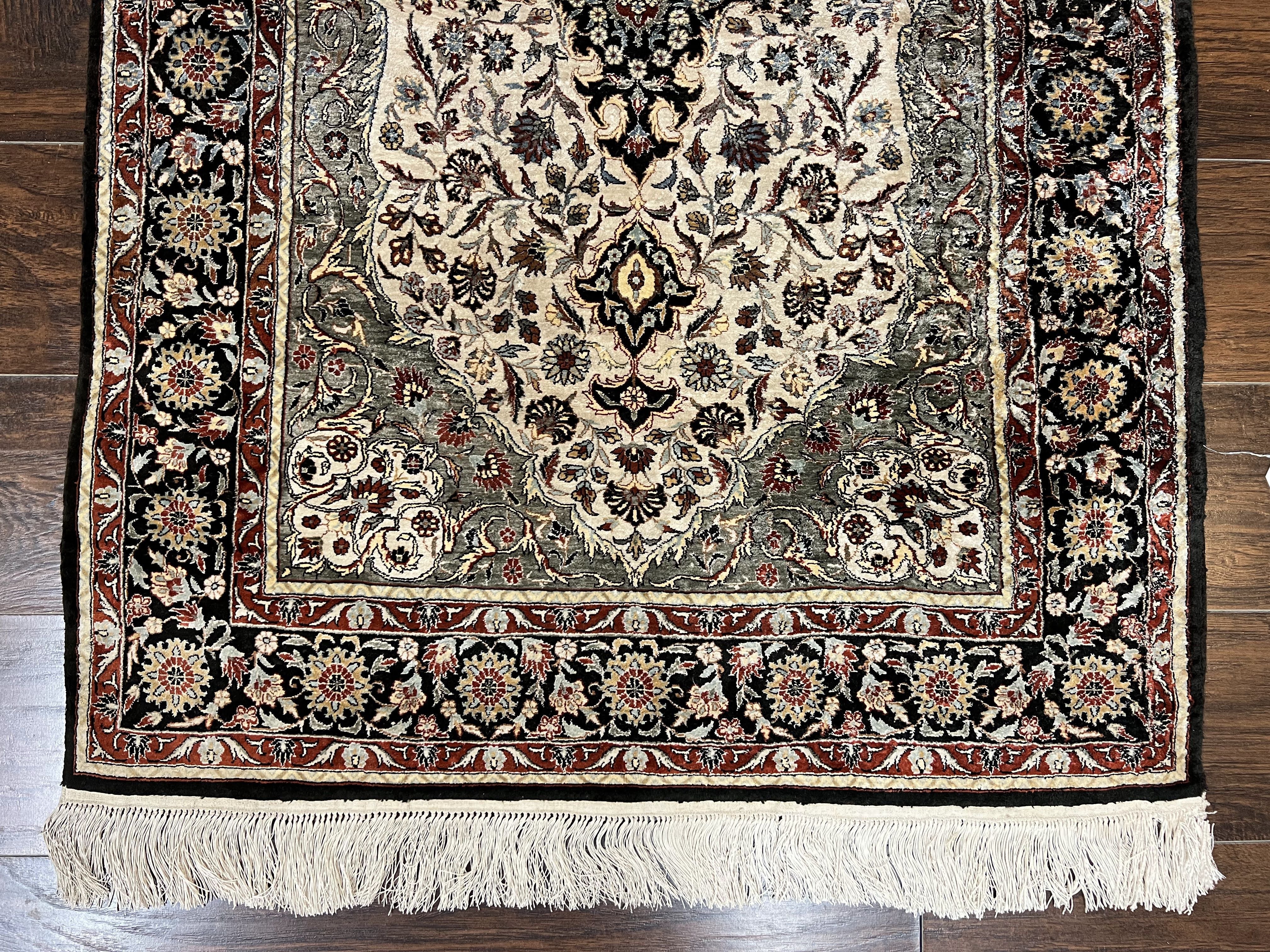 Silk Sino Persian Rug 3x5, Floral Medallion, Hand Knotted Silk Pile Silk Foundation, Traditional Silk Handmade Oriental Carpet, Cream Black - Image 5