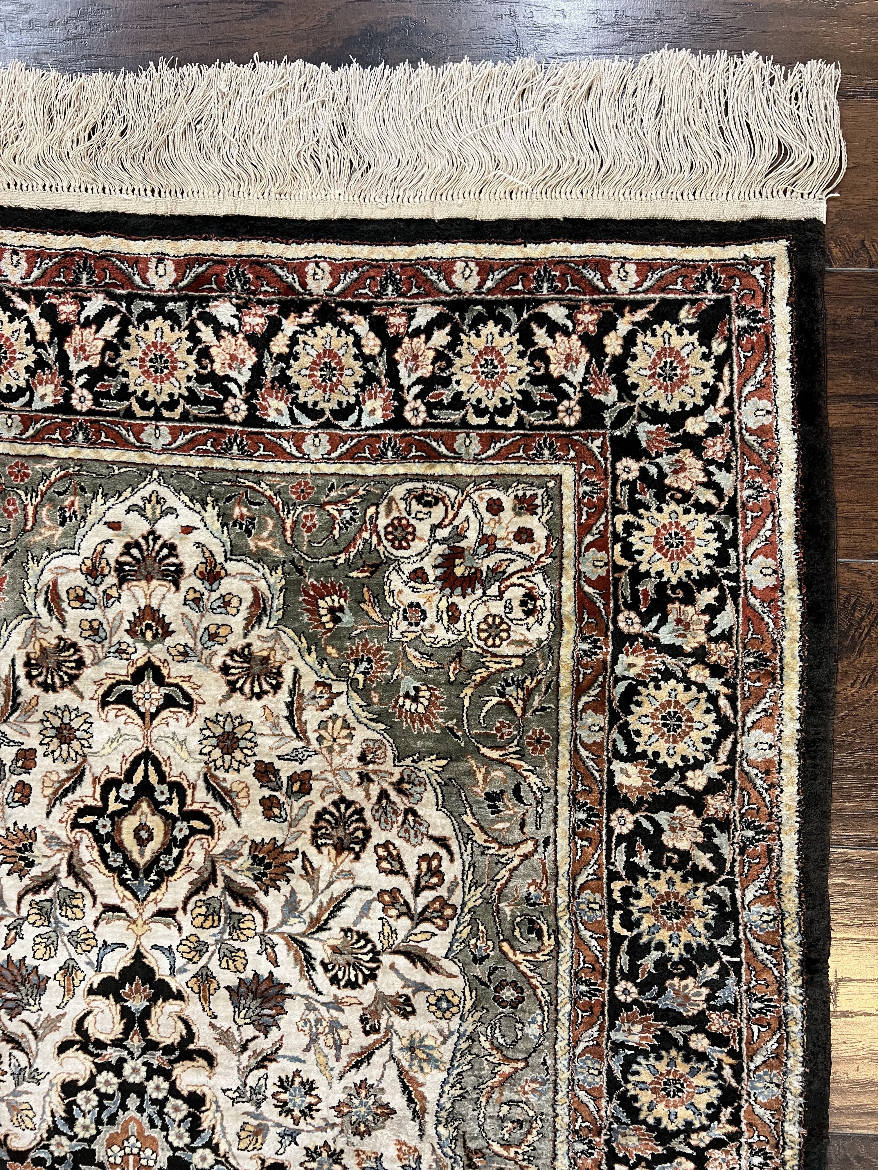 Silk Sino Persian Rug 3x5, Floral Medallion, Hand Knotted Silk Pile Silk Foundation, Traditional Silk Handmade Oriental Carpet, Cream Black - Image 7