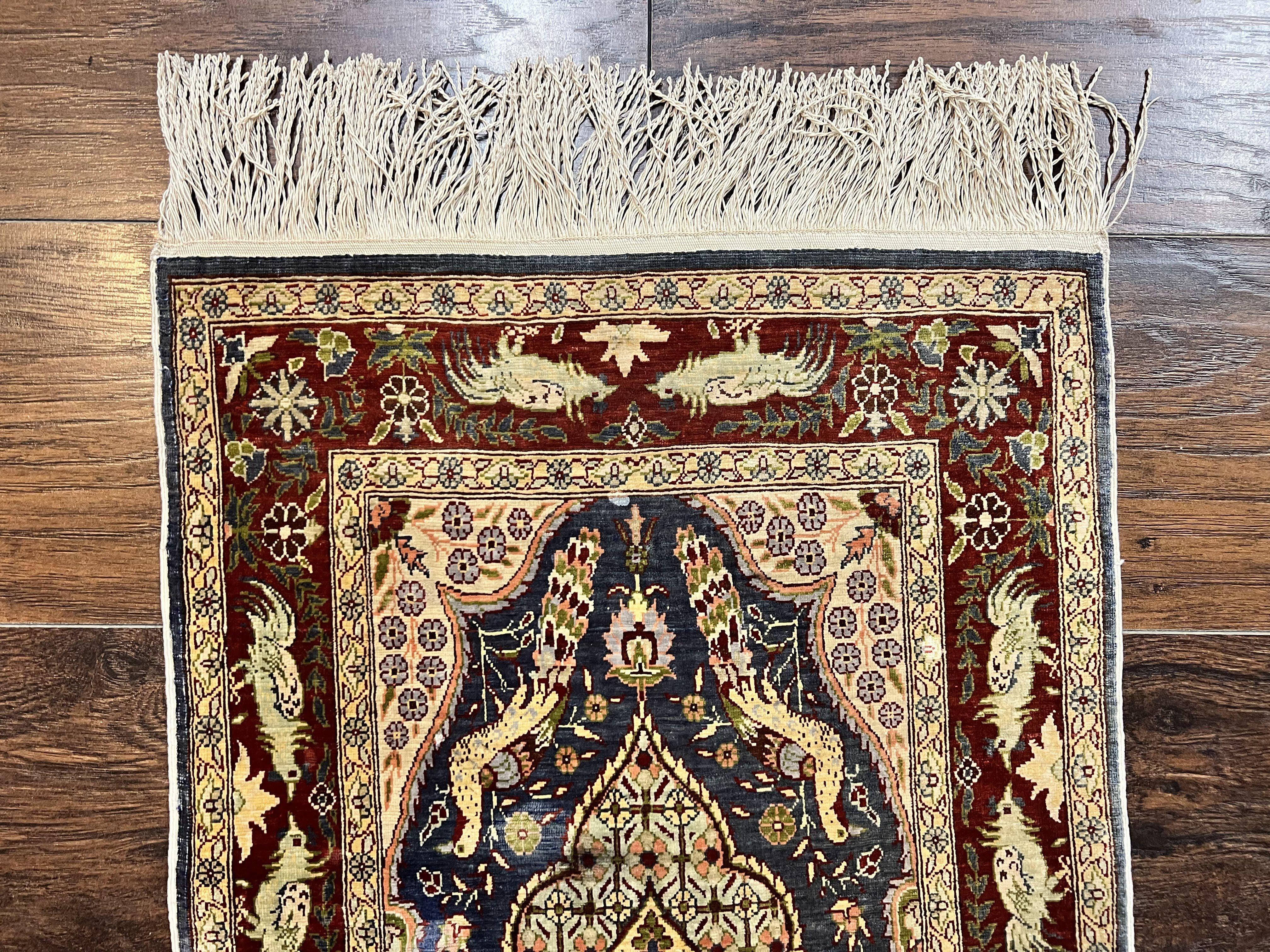 Silk Turkish Hereke Rug 2x3, Peacocks Birds, Signature from Master Weaver, Super Finely Hand Knotted 550 KPSI, Animal Pictorials - Image 3