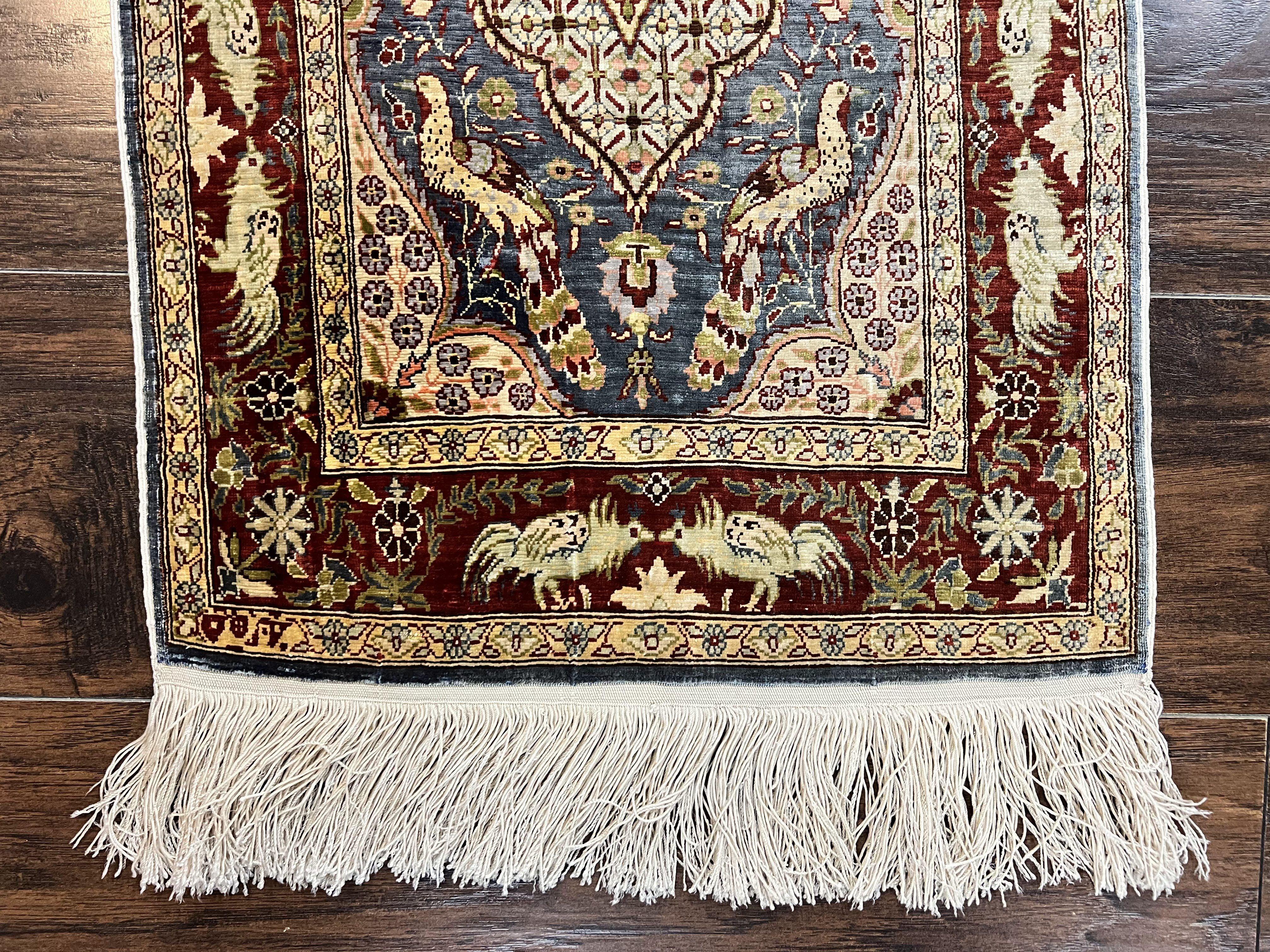Silk Turkish Hereke Rug 2x3, Peacocks Birds, Signature from Master Weaver, Super Finely Hand Knotted 550 KPSI, Animal Pictorials - Image 5