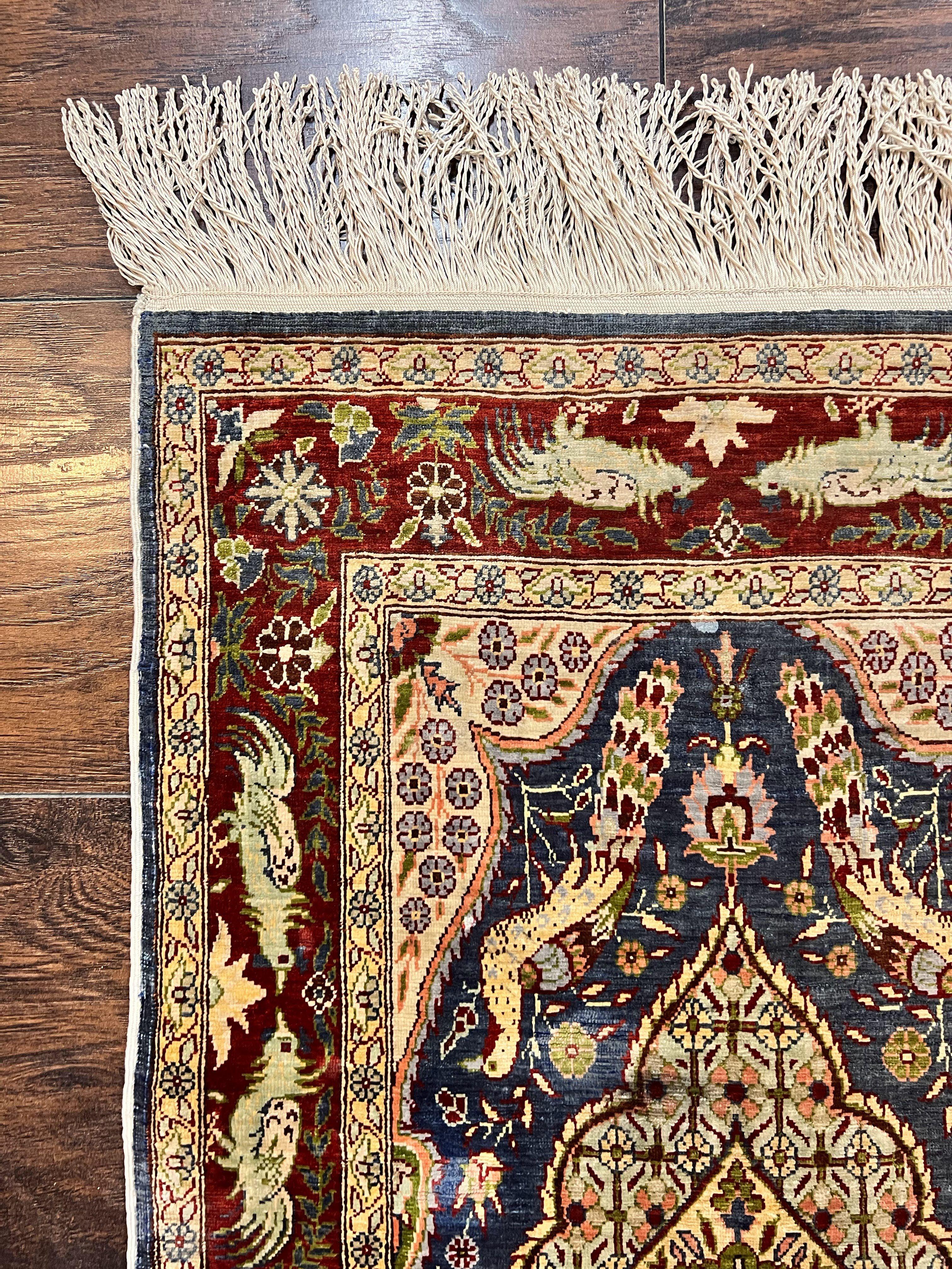 Silk Turkish Hereke Rug 2x3, Peacocks Birds, Signature from Master Weaver, Super Finely Hand Knotted 550 KPSI, Animal Pictorials - Image 6
