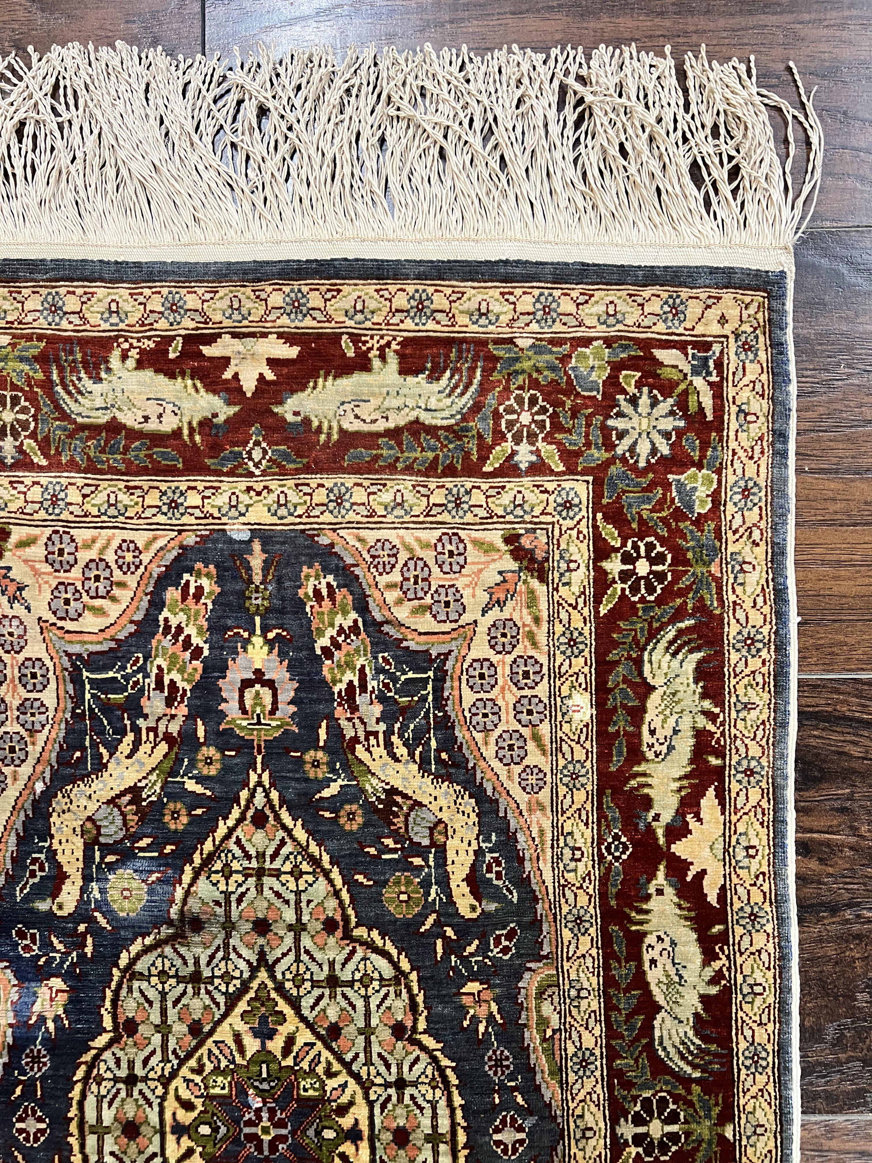 Silk Turkish Hereke Rug 2x3, Peacocks Birds, Signature from Master Weaver, Super Finely Hand Knotted 550 KPSI, Animal Pictorials - Image 7