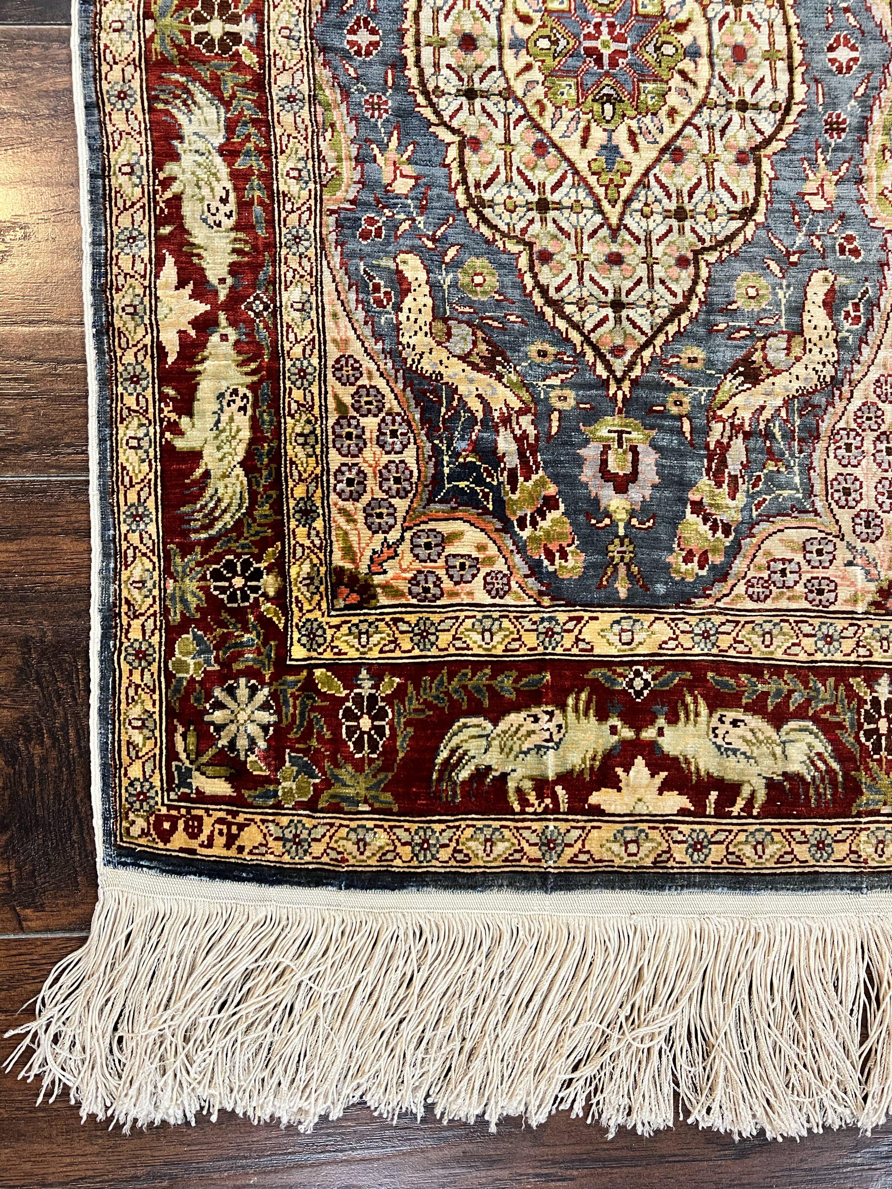 Silk Turkish Hereke Rug 2x3, Peacocks Birds, Signature from Master Weaver, Super Finely Hand Knotted 550 KPSI, Animal Pictorials - Image 8