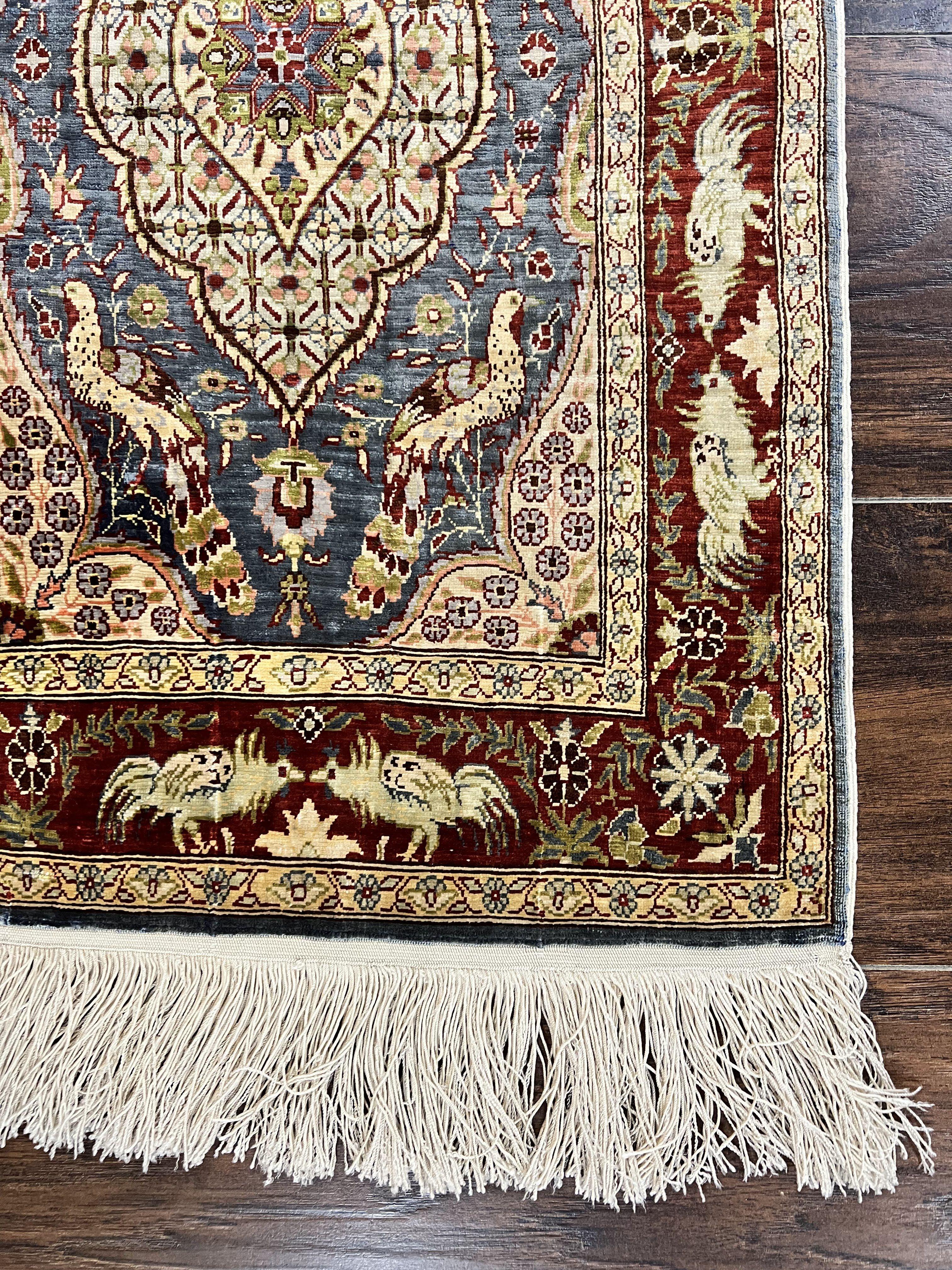 Silk Turkish Hereke Rug 2x3, Peacocks Birds, Signature from Master Weaver, Super Finely Hand Knotted 550 KPSI, Animal Pictorials - Image 9