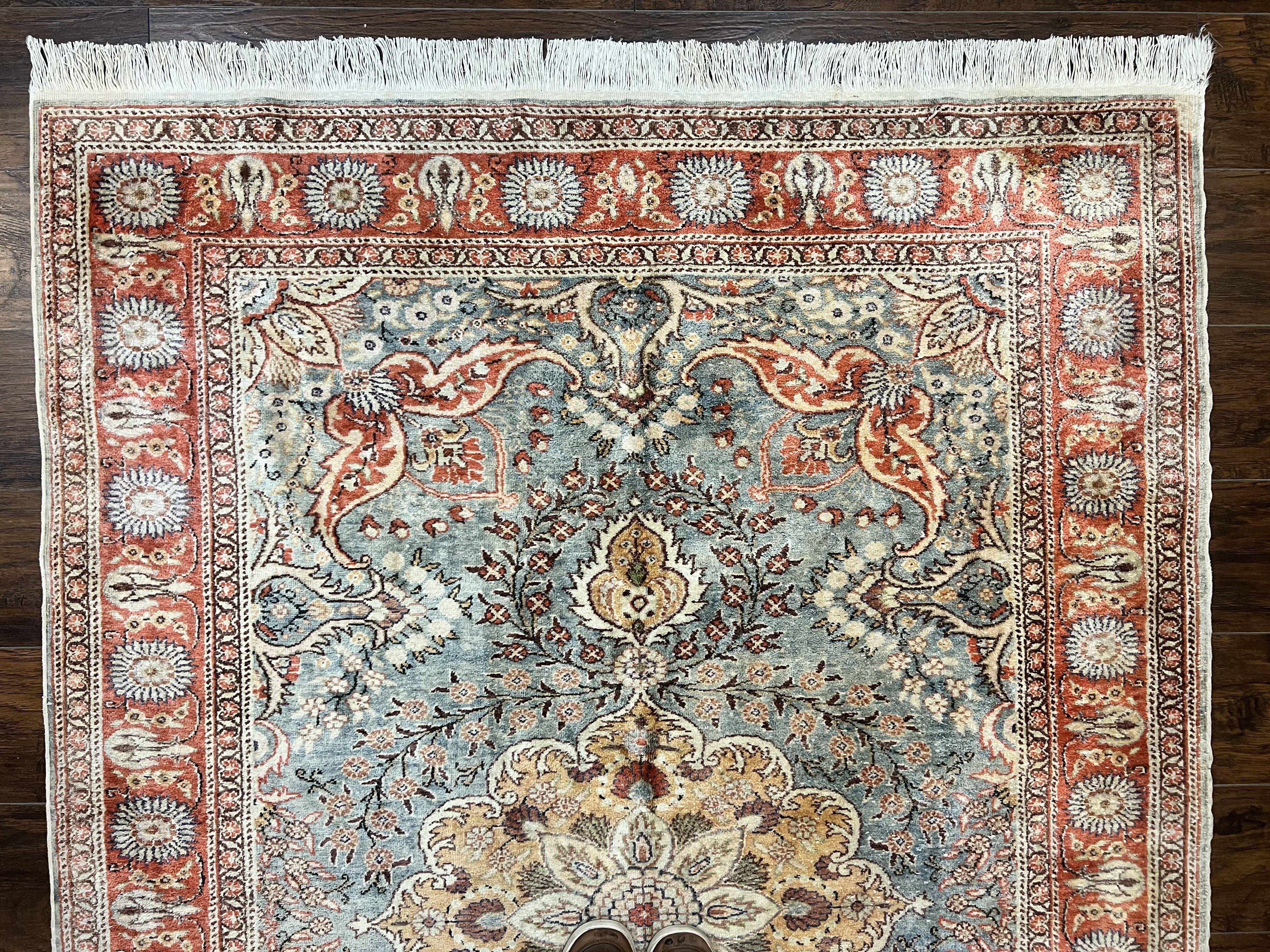 Silk Turkish Rug 5x7, Light Blue Silk Carpet, Floral Medallion, Turkish Kayseri Rug, Vintage Handmade Oriental Rug - Image 2