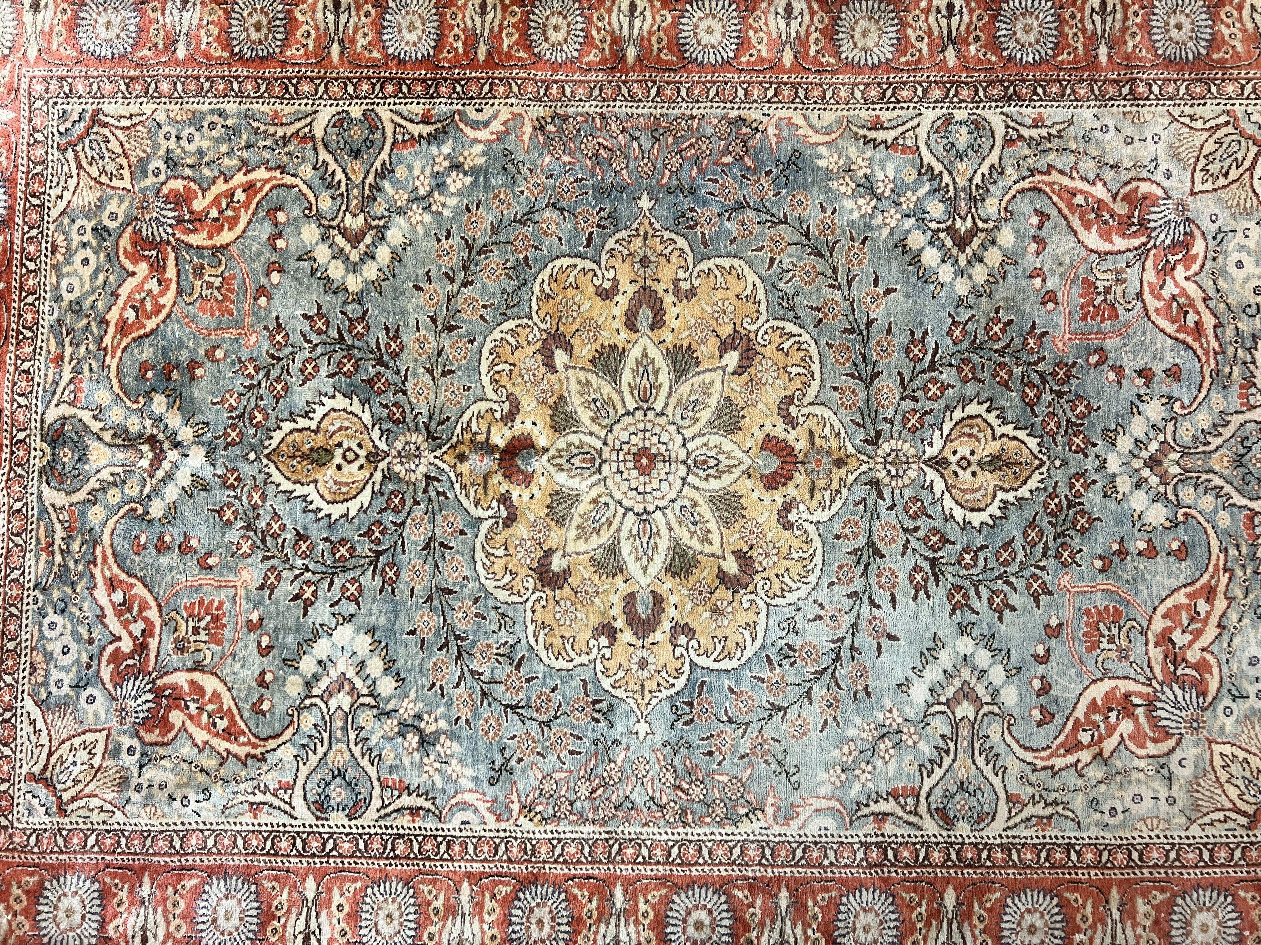 Silk Turkish Rug 5x7, Light Blue Silk Carpet, Floral Medallion, Turkish Kayseri Rug, Vintage Handmade Oriental Rug - Image 3
