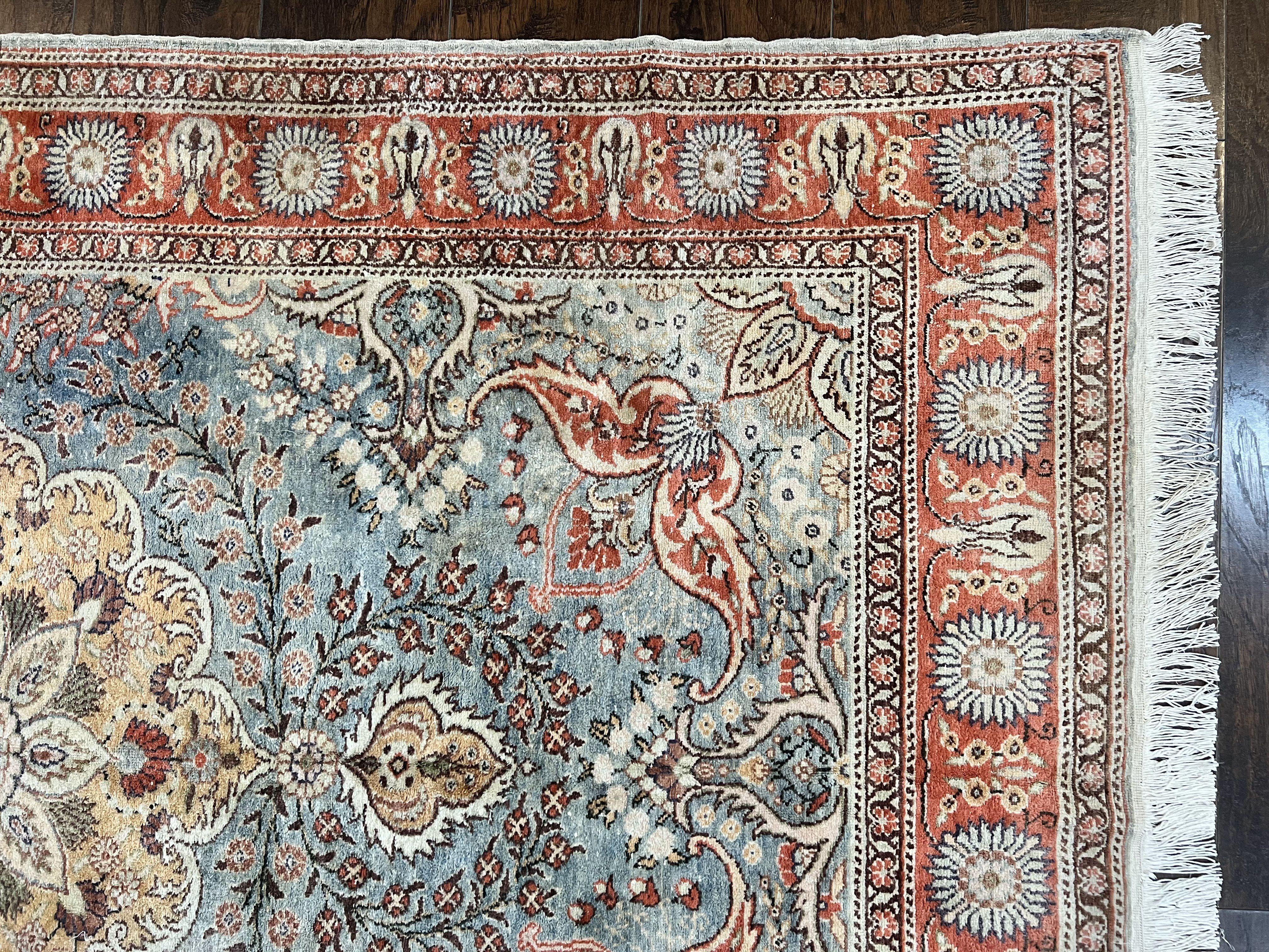 Silk Turkish Rug 5x7, Light Blue Silk Carpet, Floral Medallion, Turkish Kayseri Rug, Vintage Handmade Oriental Rug - Image 6
