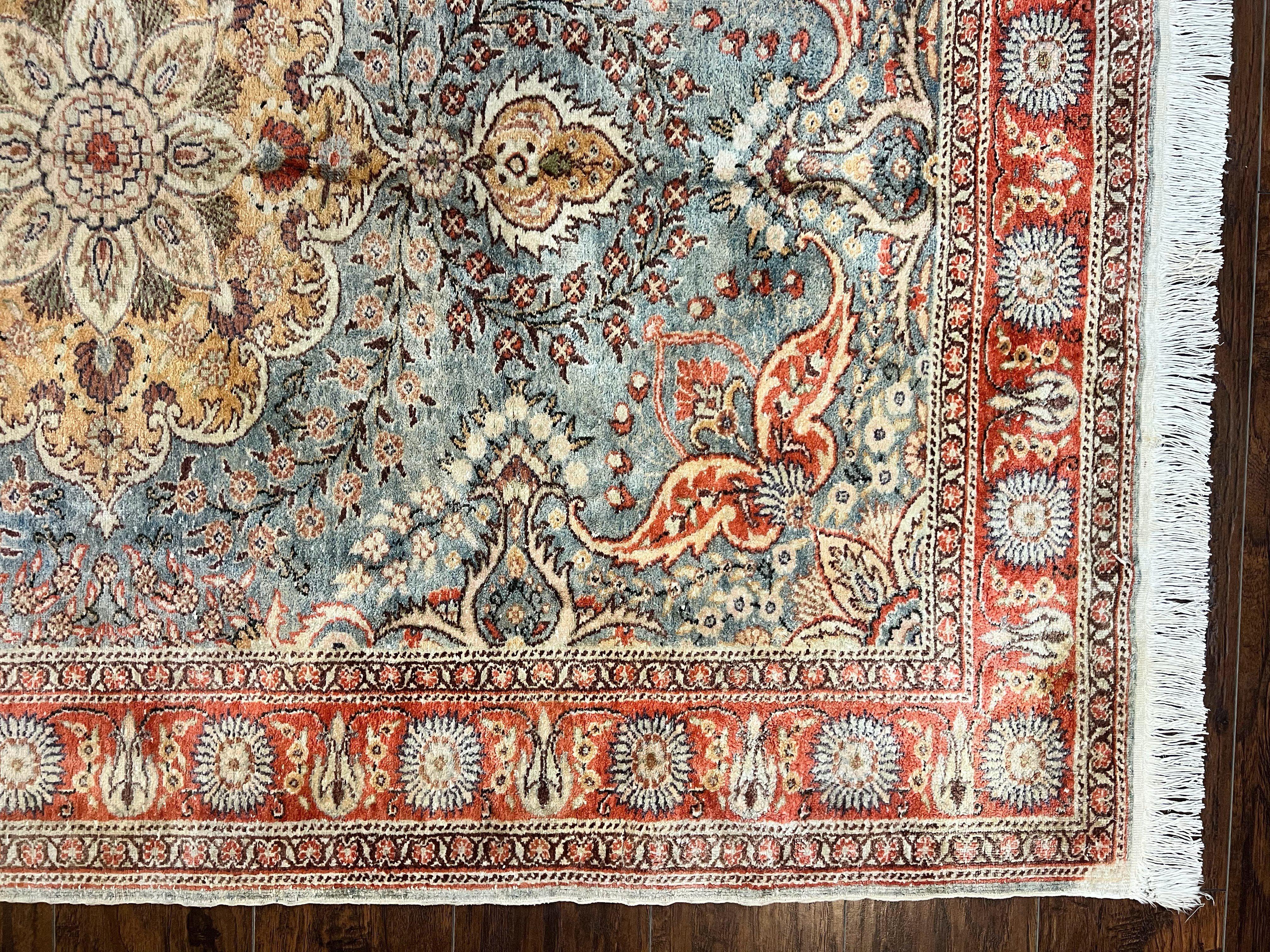 Silk Turkish Rug 5x7, Light Blue Silk Carpet, Floral Medallion, Turkish Kayseri Rug, Vintage Handmade Oriental Rug - Image 8