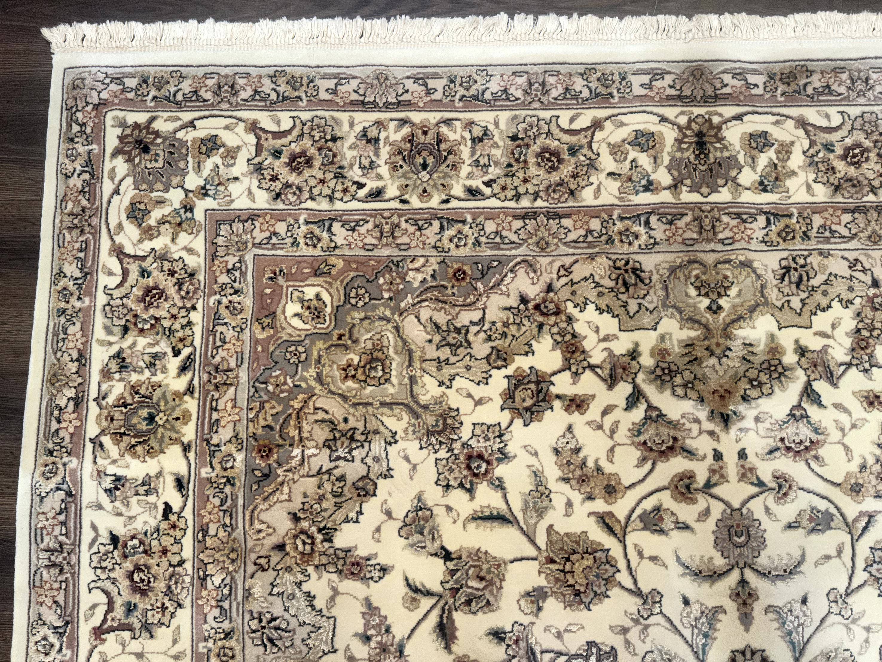 Sino Persian Rug 6x9, Floral Medallion, Ivory & Taupe, Wool with Silk Highlights, Fine 210 KPSI - Image 6
