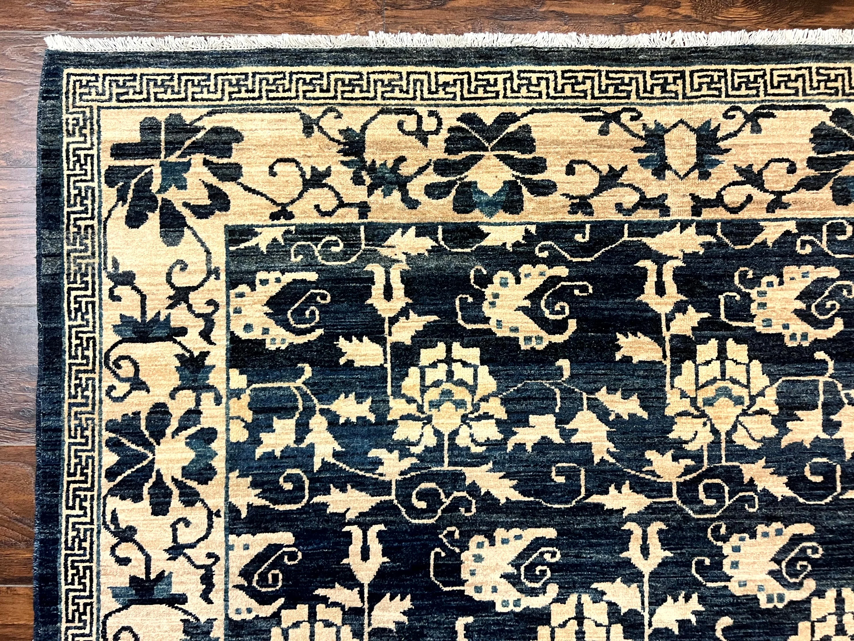 Sino Persian Rug 6x9, Hand Knotted Wool Carpet, Floral Allover, Blue Cream-Tan - Image 6
