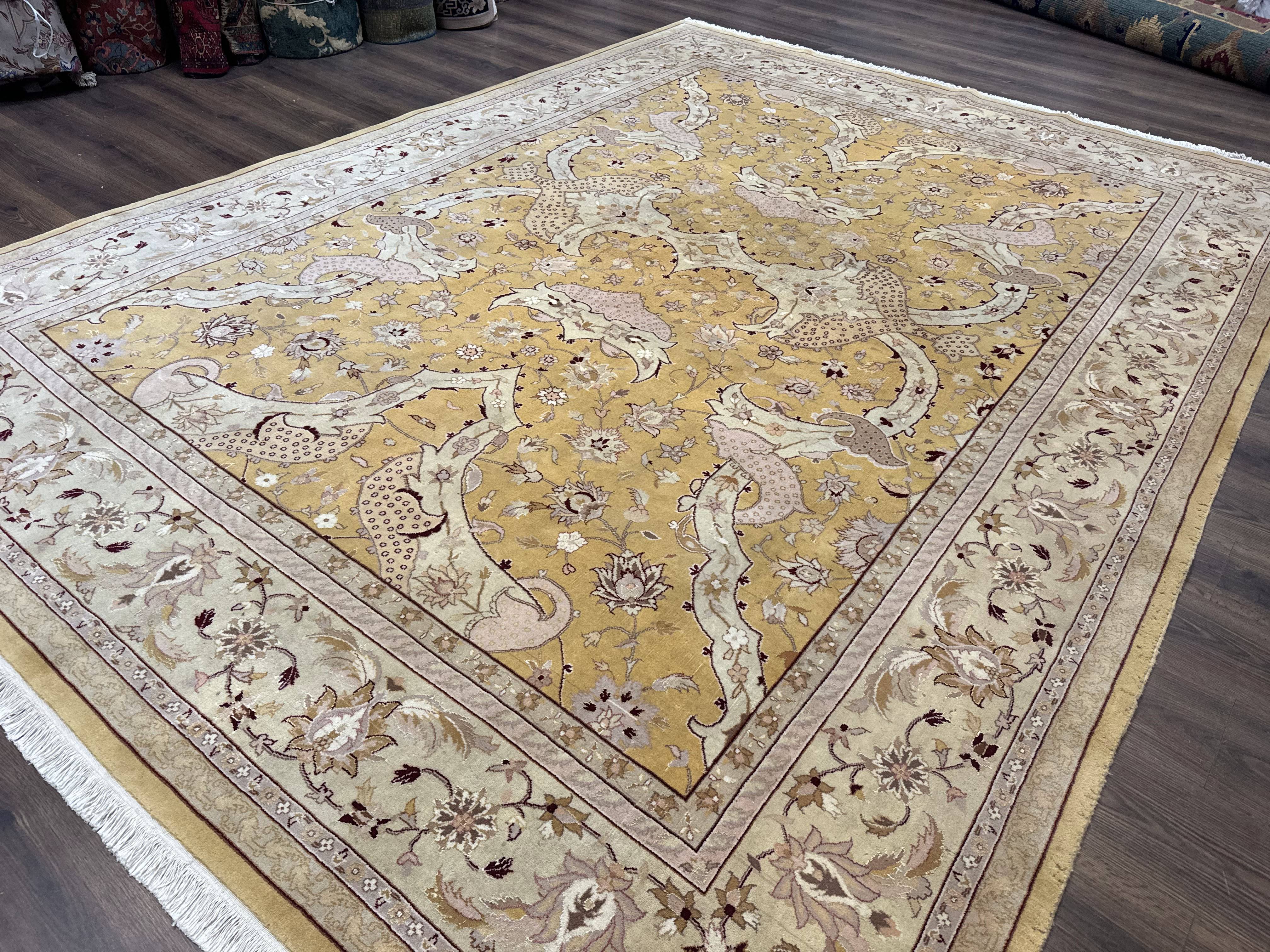 Sino Persian Rug 8x11, Wool with Silk Highlights, Unique Colors, Gold and Light Green, Fine 240 KPSI - Image 2