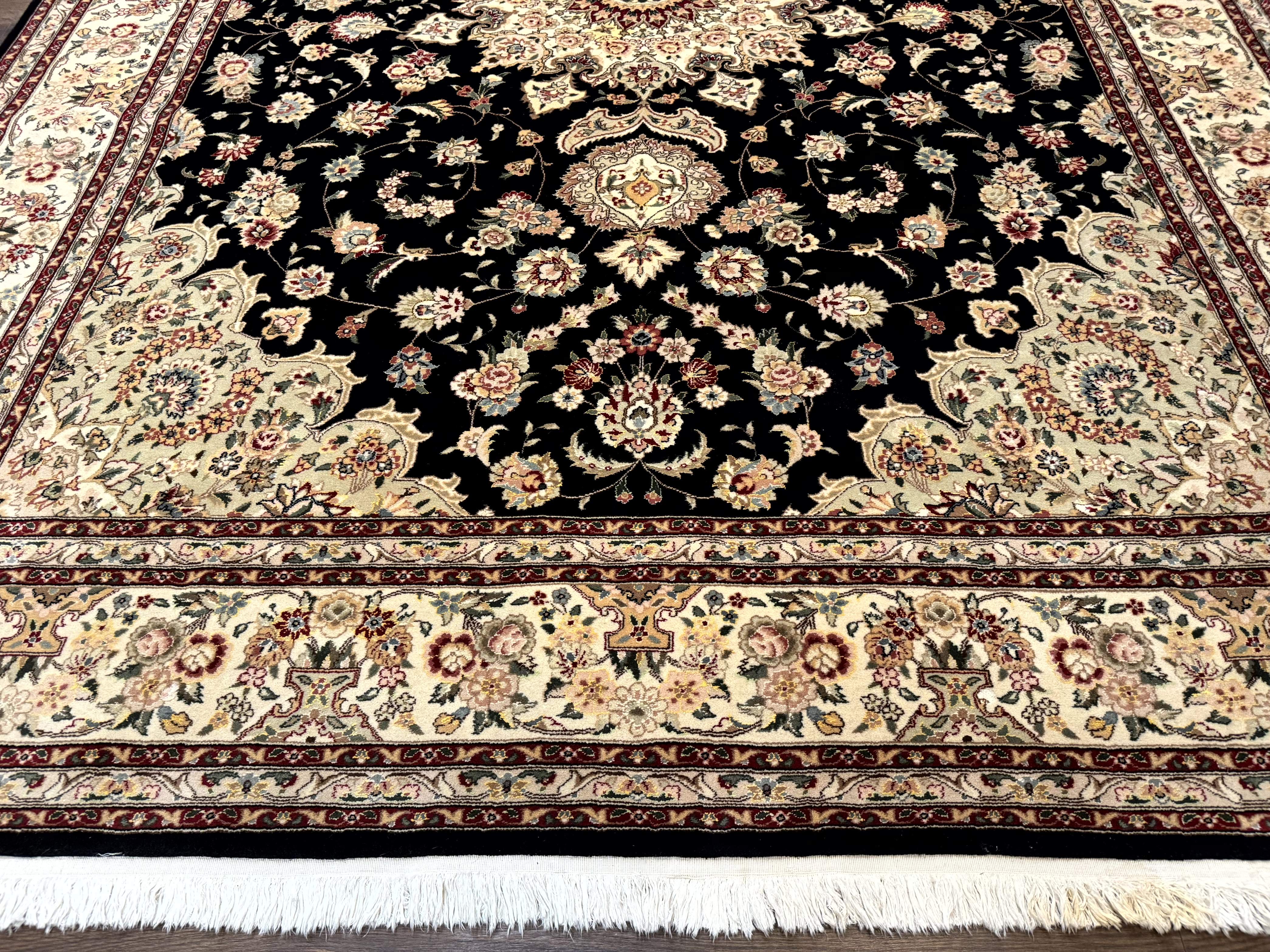 Sino Persian Rug 9x12, Black and Beige, Floral Medallion, Wool & Silk, Handmade - Image 5