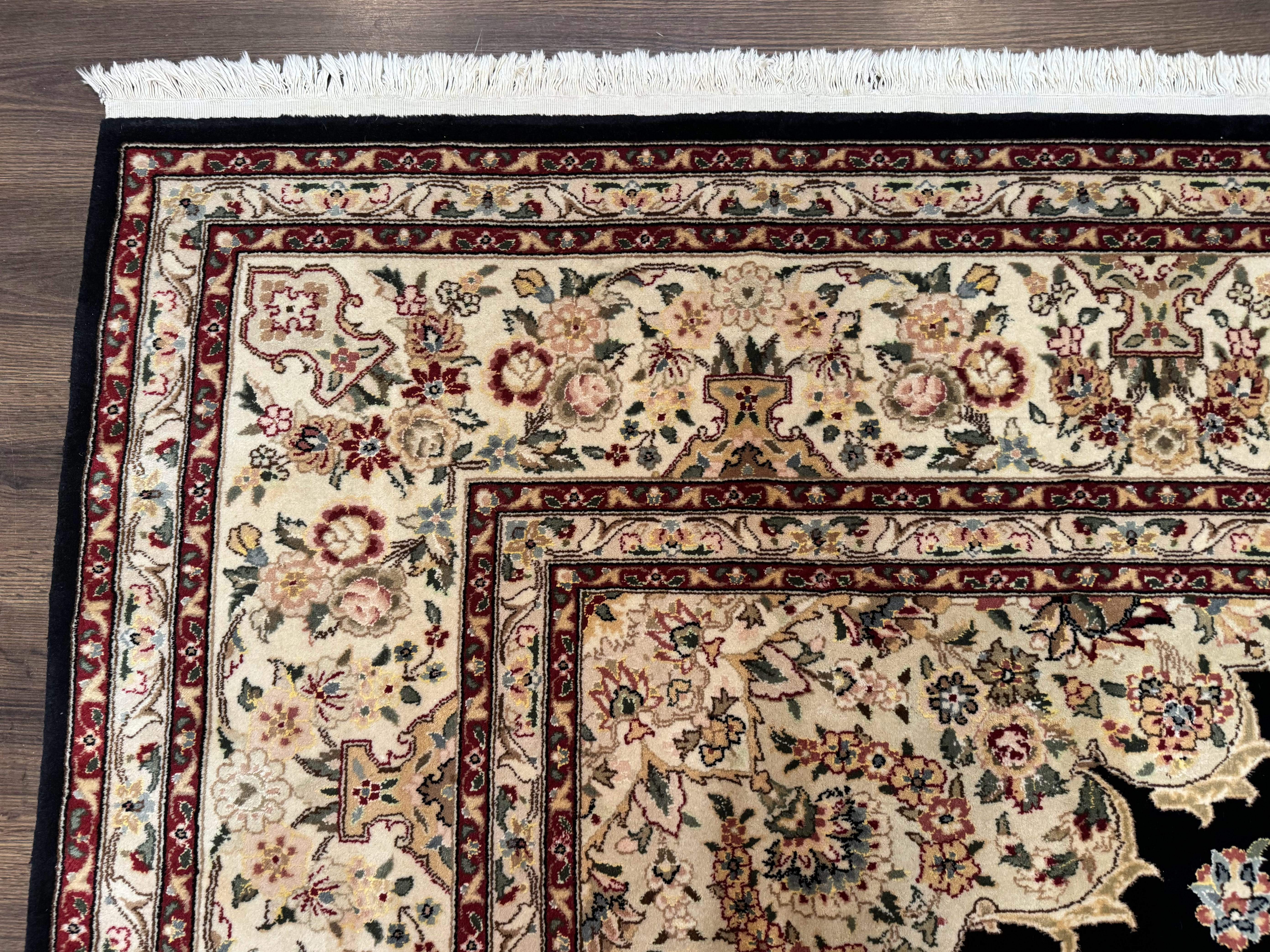 Sino Persian Rug 9x12, Black and Beige, Floral Medallion, Wool & Silk, Handmade - Image 6