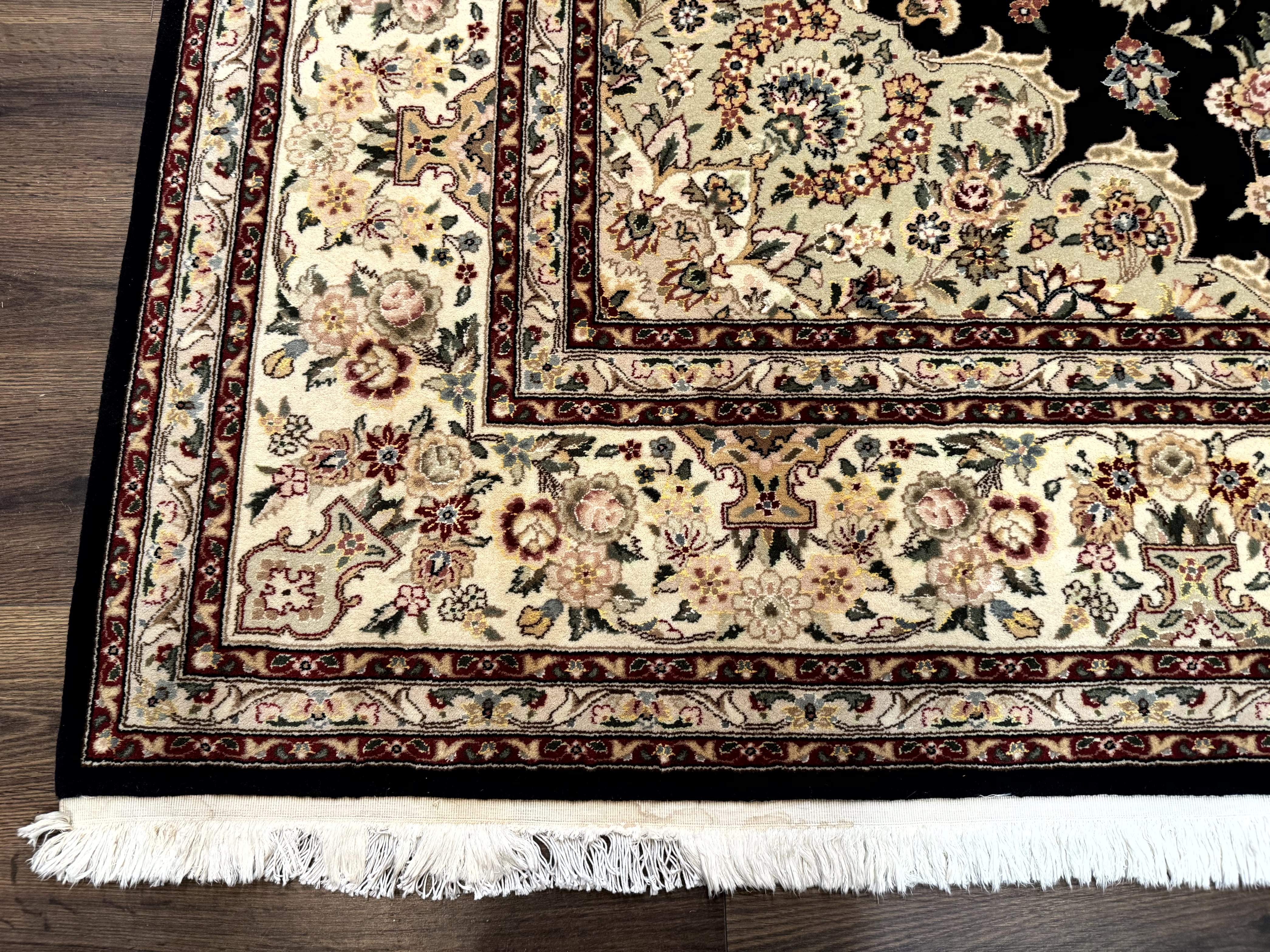 Sino Persian Rug 9x12, Black and Beige, Floral Medallion, Wool & Silk, Handmade - Image 8