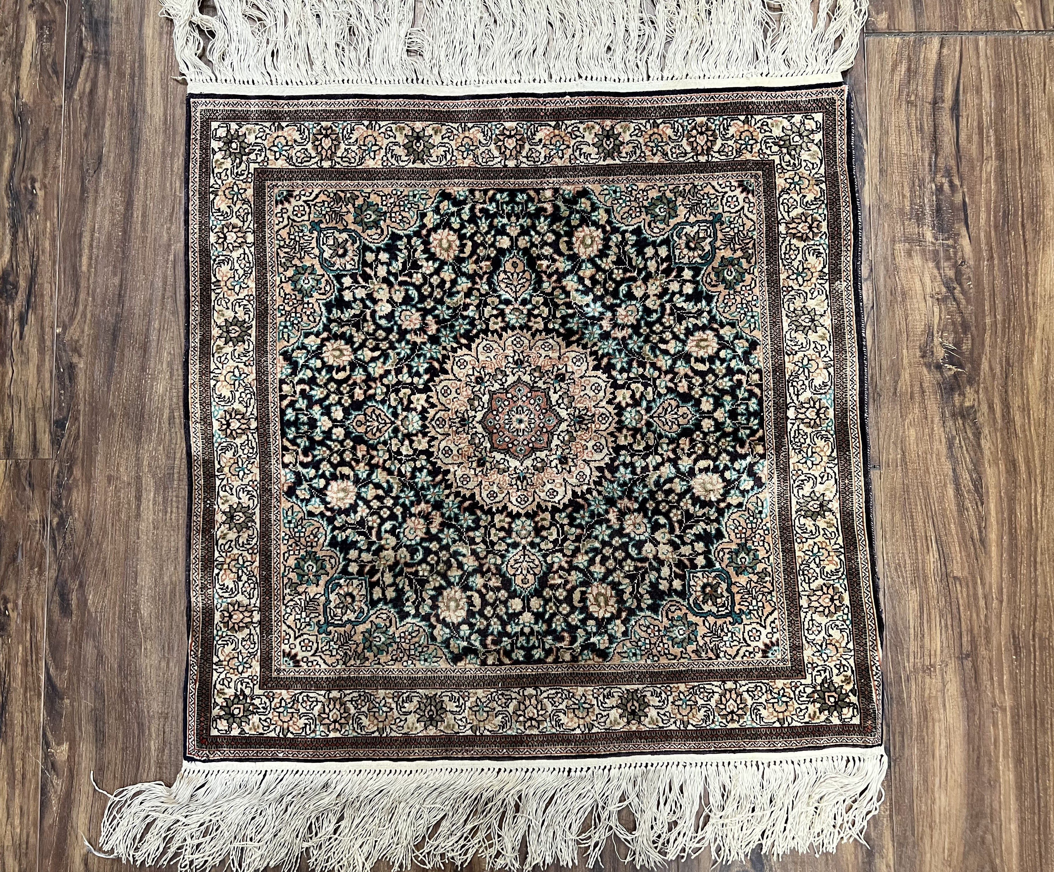 Sino Persian Silk Rug 2x2 ft, Very Fine High KPSI Small Silk Oriental Carpet, Hand-Knotted, Medallion, Vintage Silk Rug, Black Ivory/Cream - Image 2
