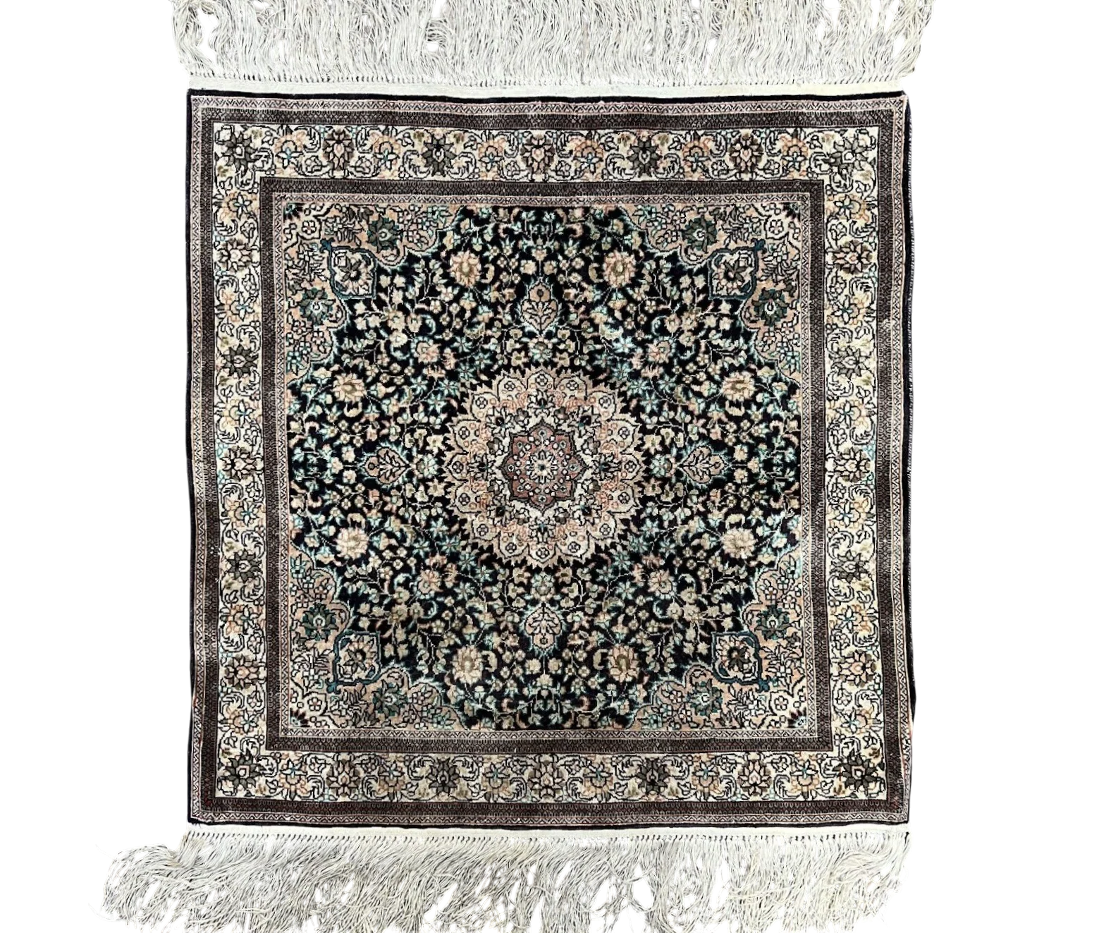 Sino Persian Silk Rug 2x2 ft, Very Fine High KPSI Small Silk Oriental Carpet, Hand-Knotted, Medallion, Vintage Silk Rug, Black Ivory/Cream - Image 7