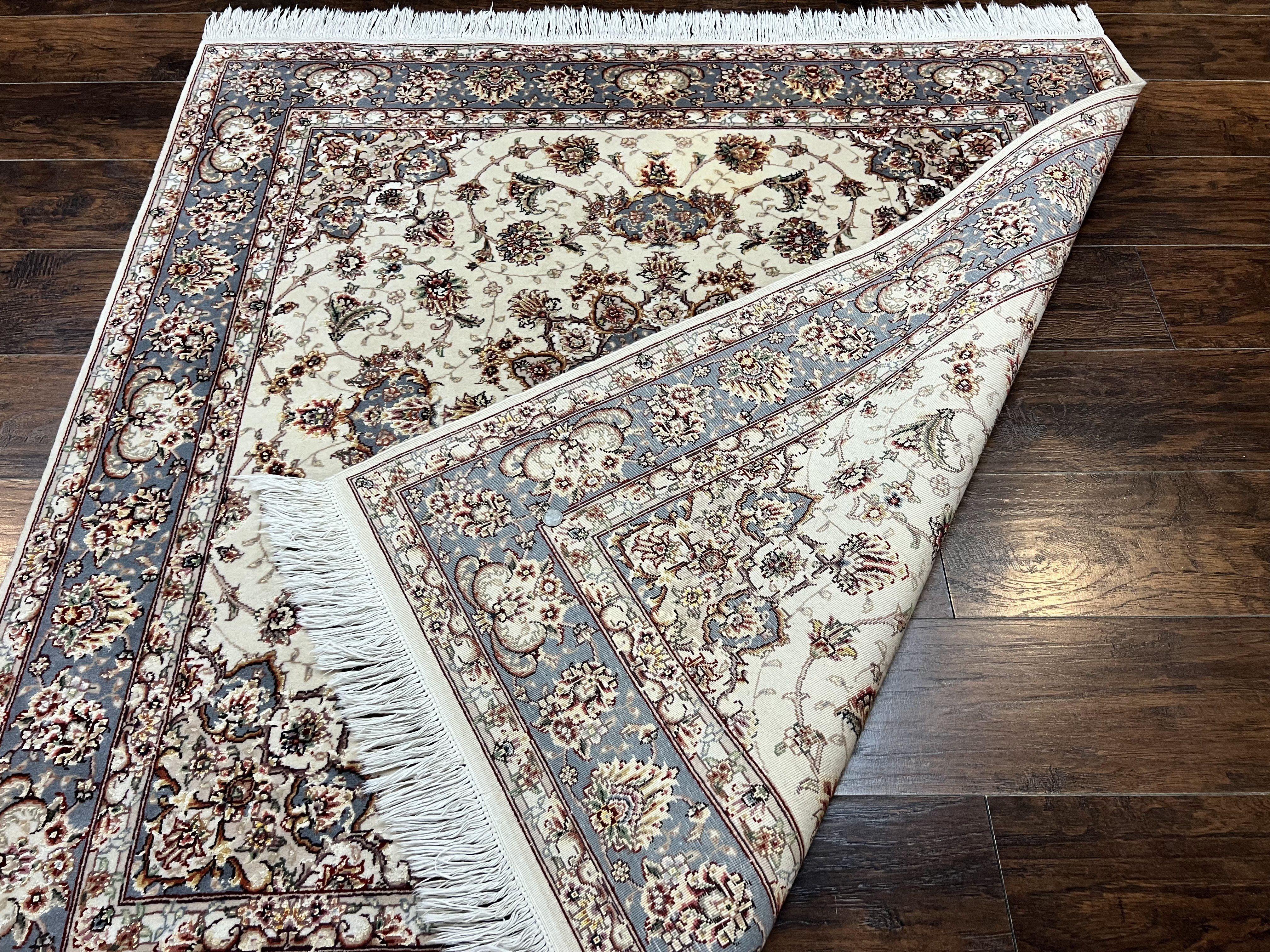 Sino Persian Square Rug 5x5, Very Fine Oriental Carpet, Wool & Silk Highlights, Ivory, Hand Knotted Handmade Vintage Traditional Rug - Image 11