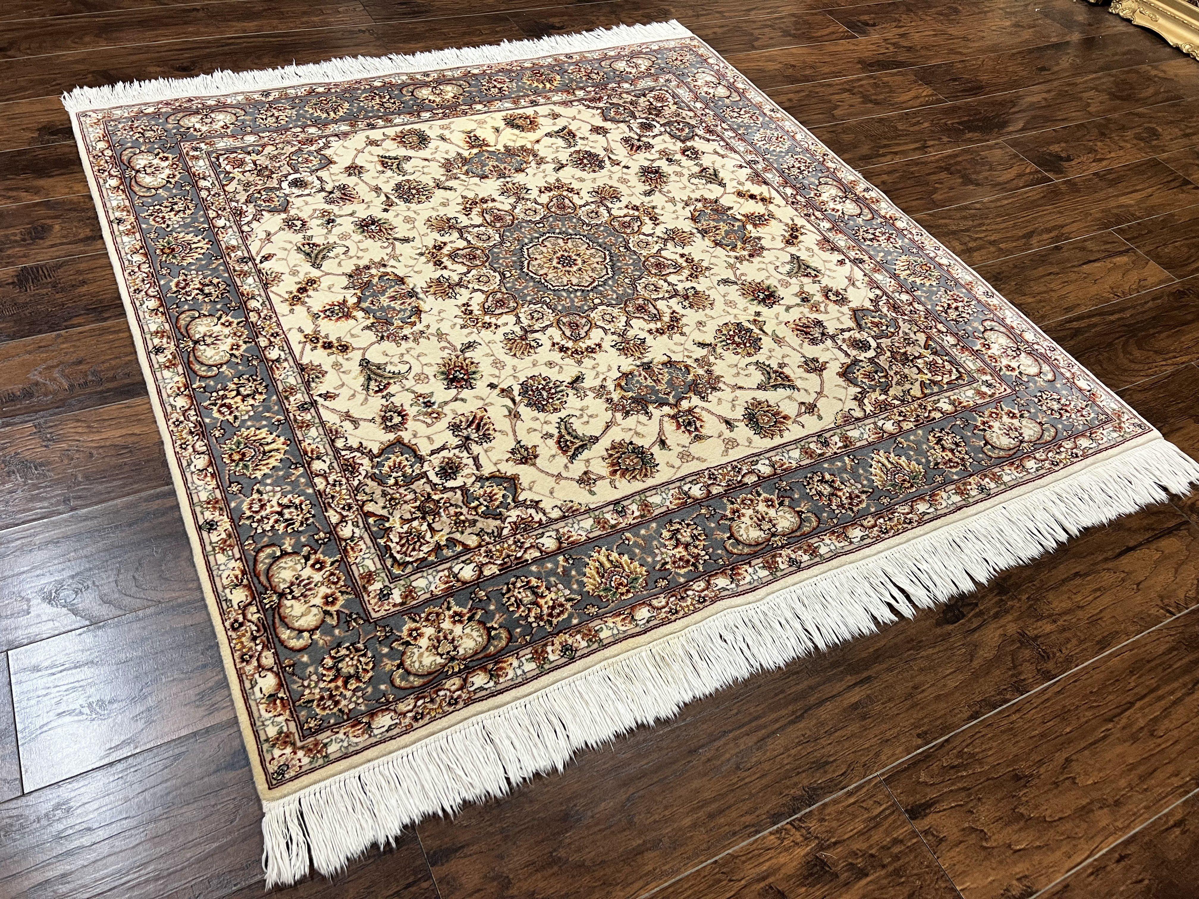 Sino Persian Square Rug 5x5, Very Fine Oriental Carpet, Wool & Silk Highlights, Ivory, Hand Knotted Handmade Vintage Traditional Rug - Image 12