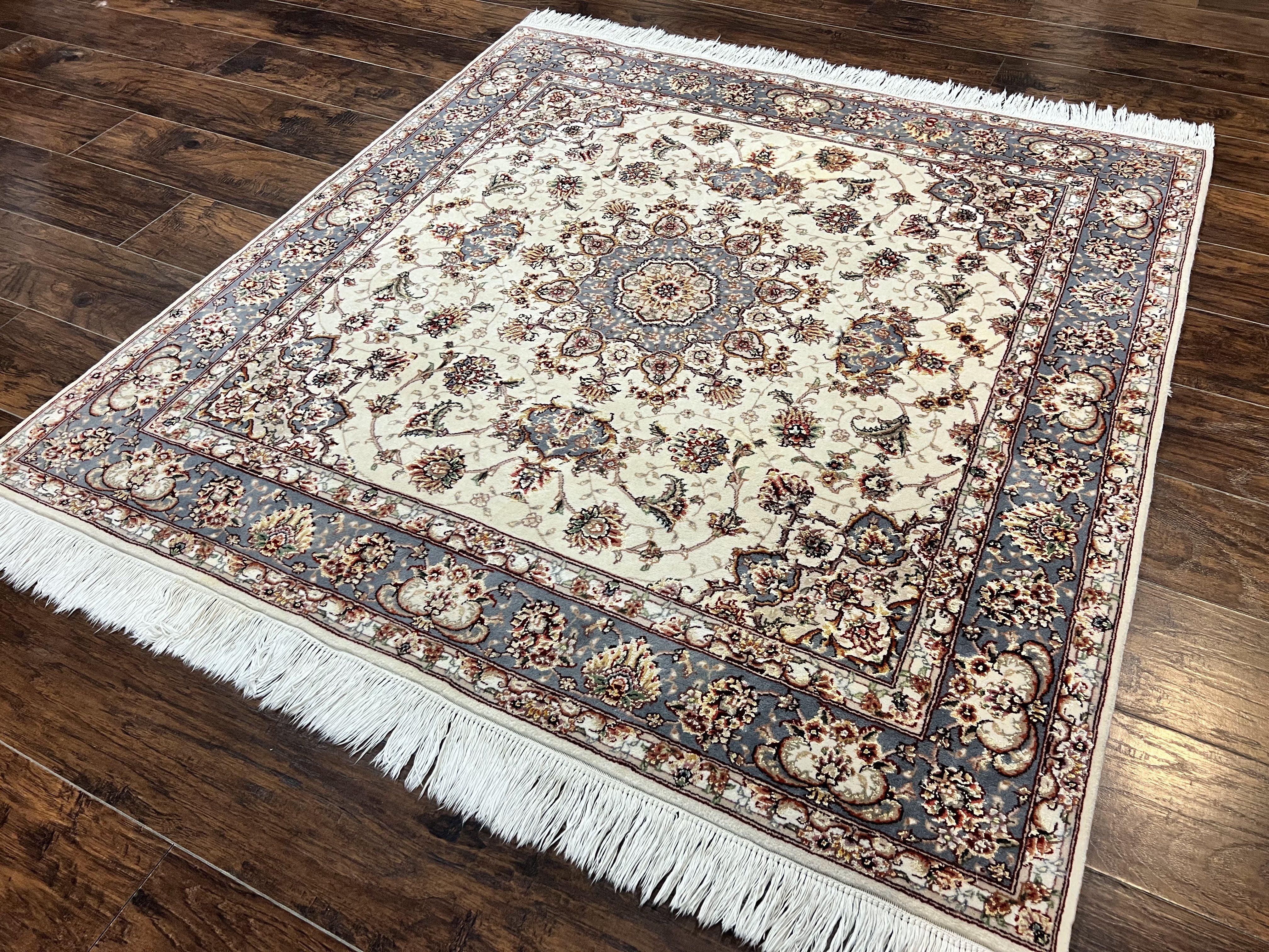 Sino Persian Square Rug 5x5, Very Fine Oriental Carpet, Wool & Silk Highlights, Ivory, Hand Knotted Handmade Vintage Traditional Rug - Image 2