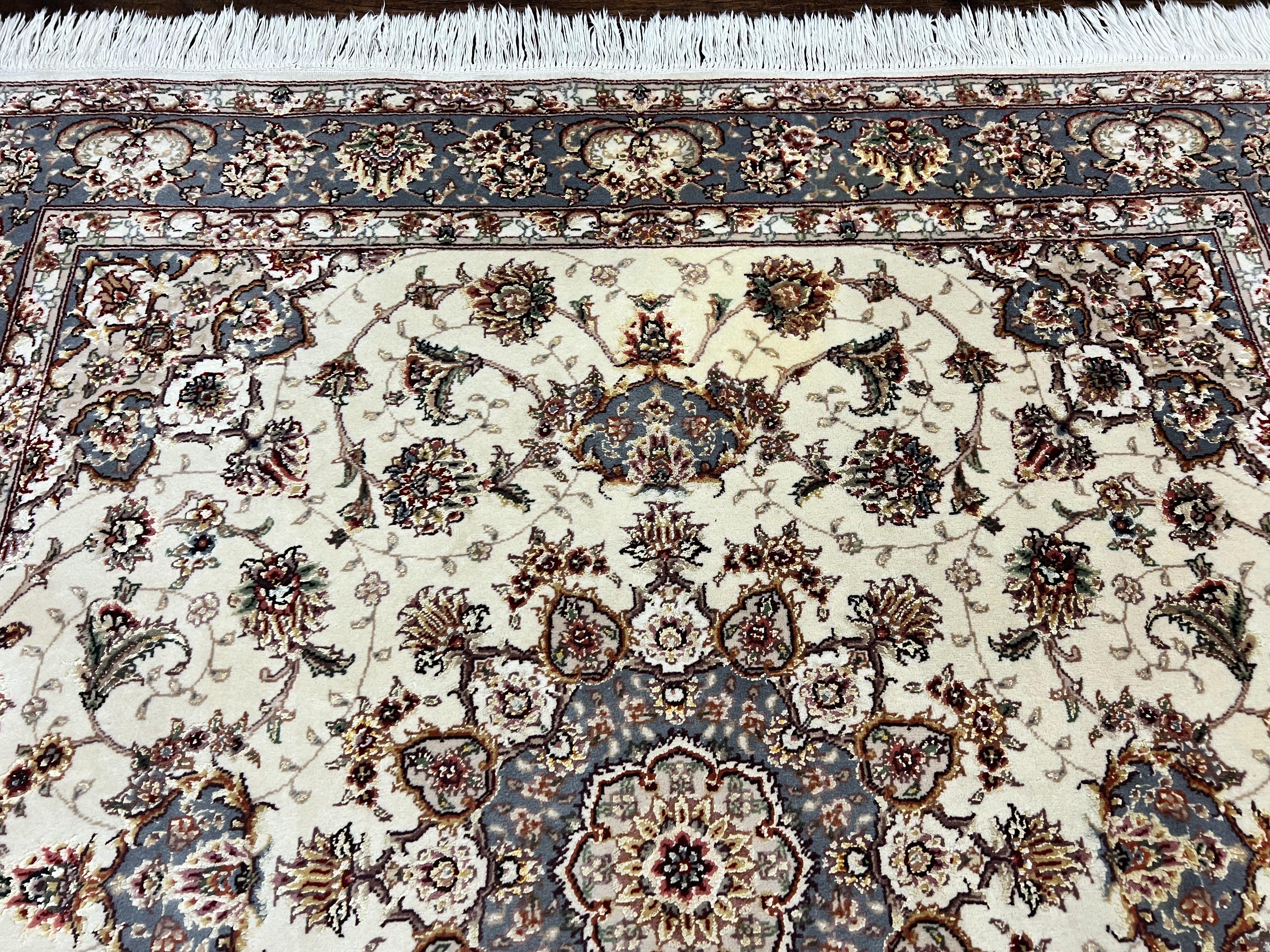 Sino Persian Square Rug 5x5, Very Fine Oriental Carpet, Wool & Silk Highlights, Ivory, Hand Knotted Handmade Vintage Traditional Rug - Image 3
