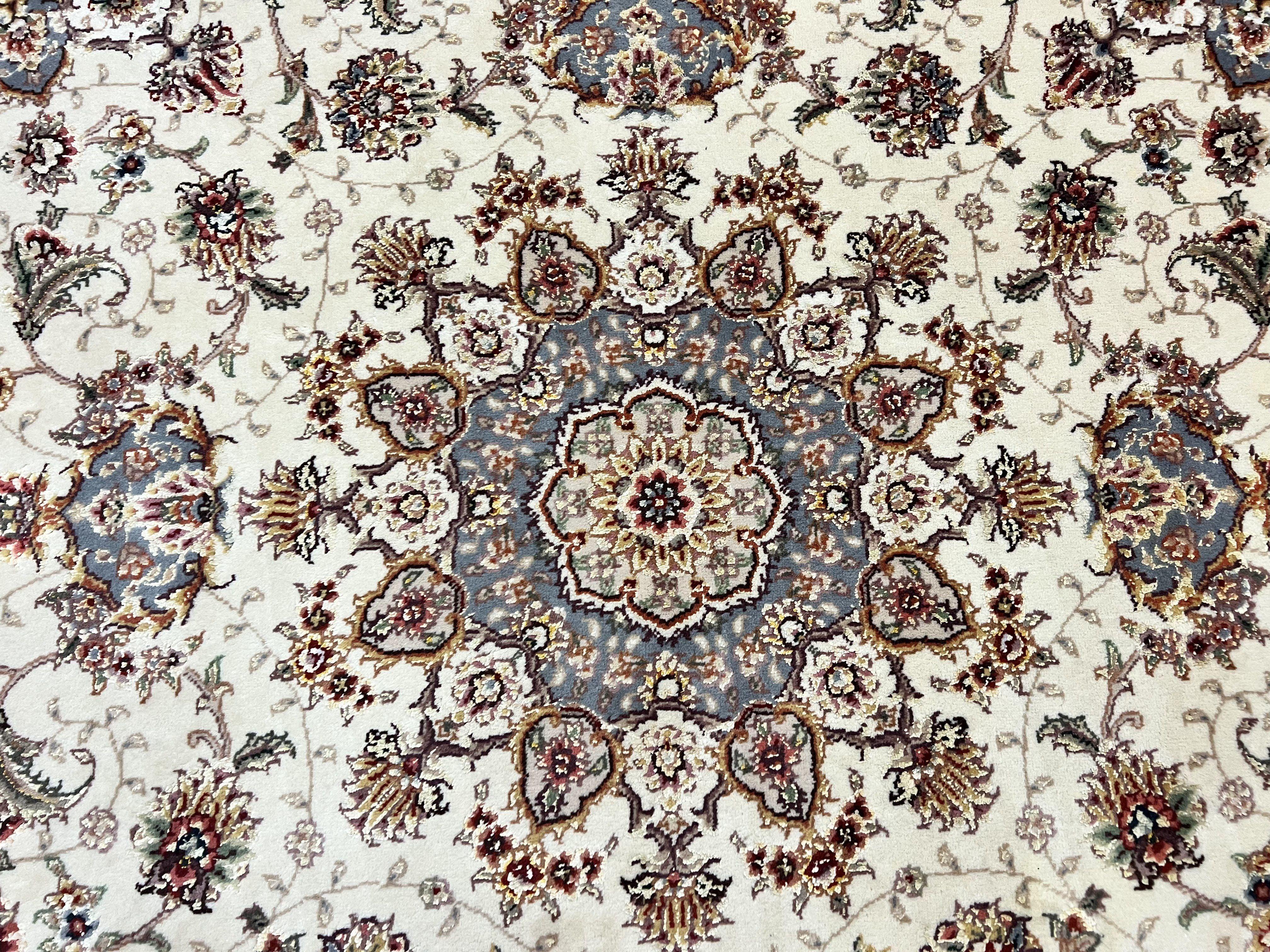 Sino Persian Square Rug 5x5, Very Fine Oriental Carpet, Wool & Silk Highlights, Ivory, Hand Knotted Handmade Vintage Traditional Rug - Image 4