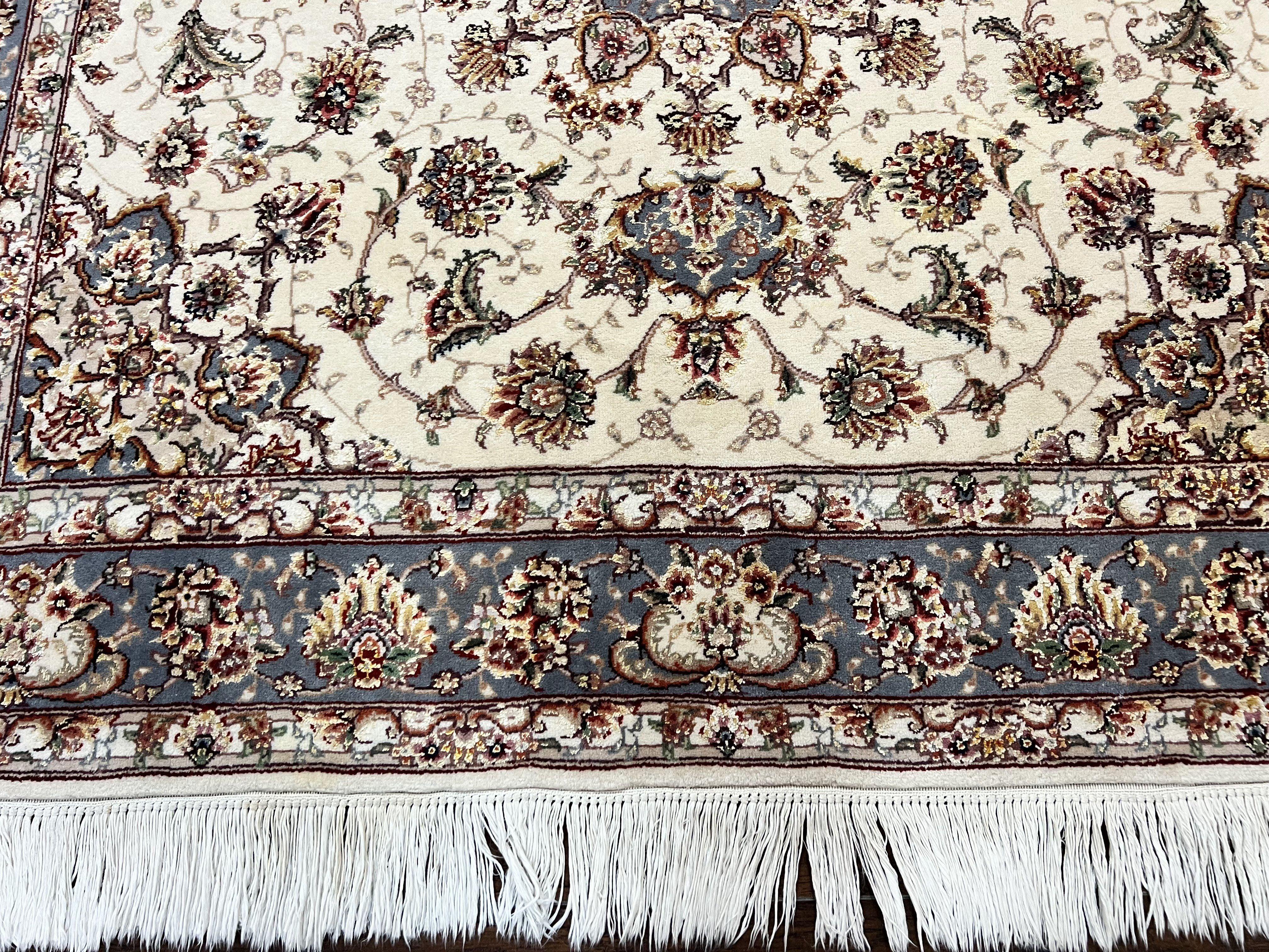 Sino Persian Square Rug 5x5, Very Fine Oriental Carpet, Wool & Silk Highlights, Ivory, Hand Knotted Handmade Vintage Traditional Rug - Image 5