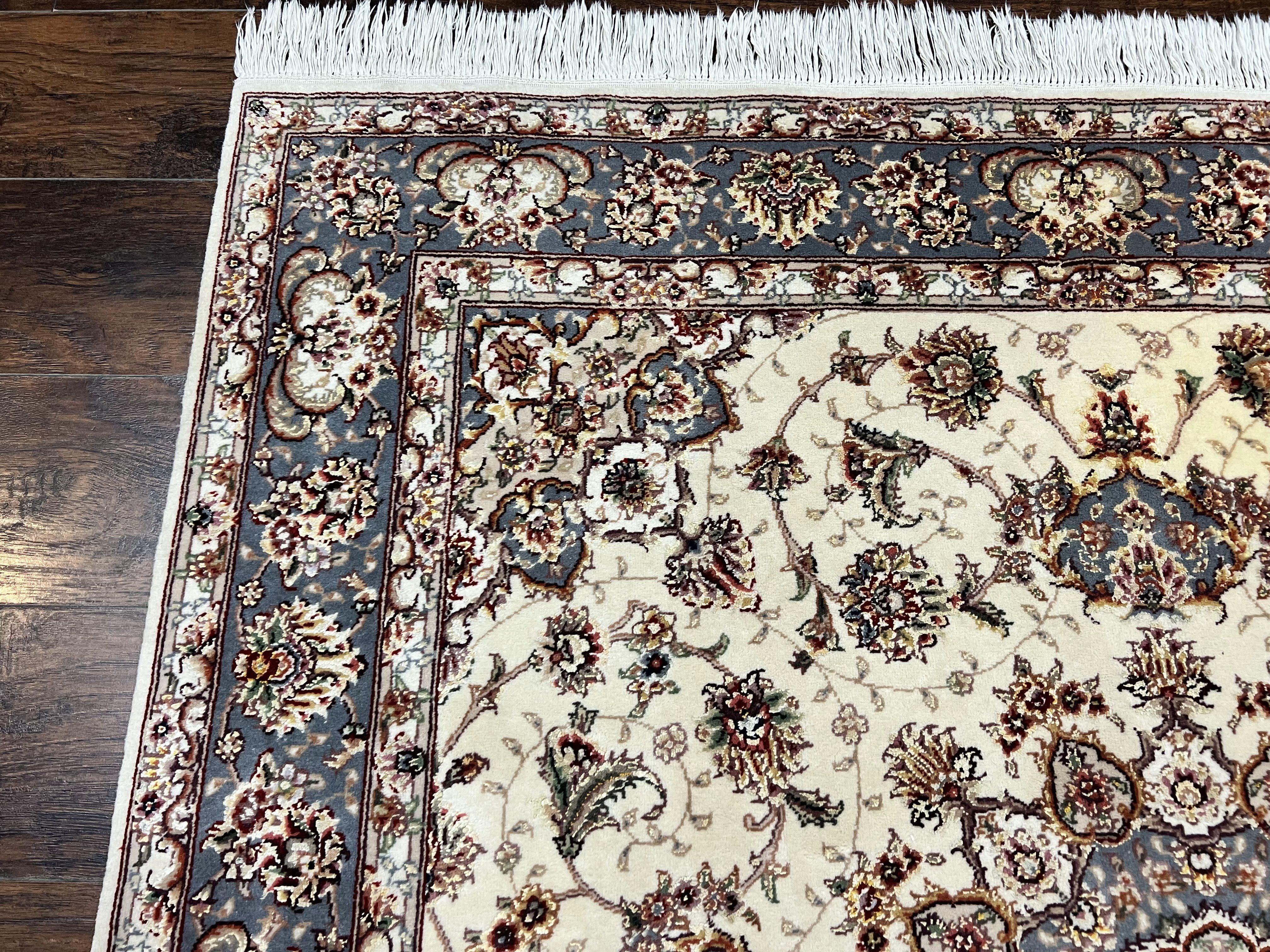 Sino Persian Square Rug 5x5, Very Fine Oriental Carpet, Wool & Silk Highlights, Ivory, Hand Knotted Handmade Vintage Traditional Rug - Image 6