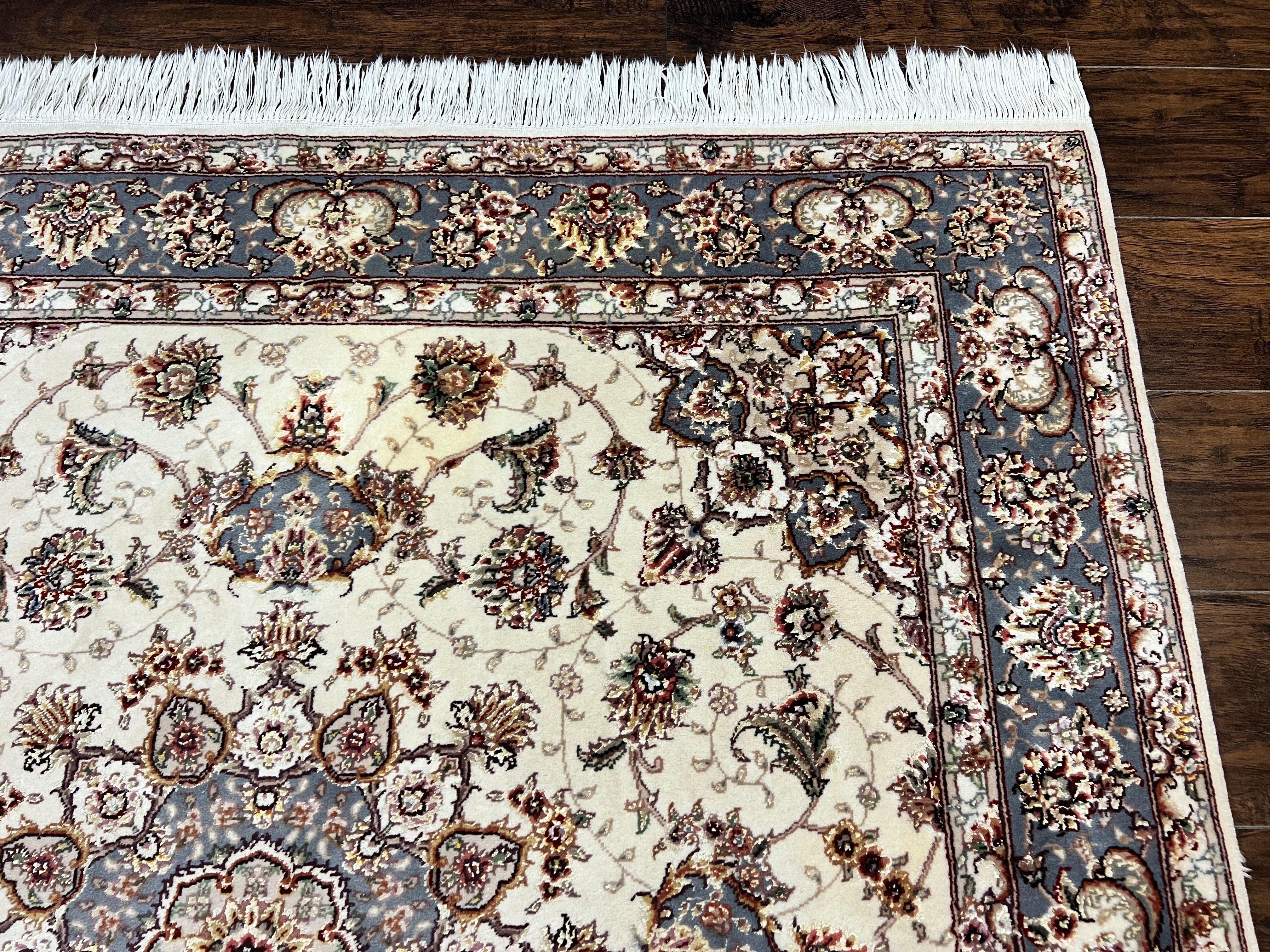 Sino Persian Square Rug 5x5, Very Fine Oriental Carpet, Wool & Silk Highlights, Ivory, Hand Knotted Handmade Vintage Traditional Rug - Image 7