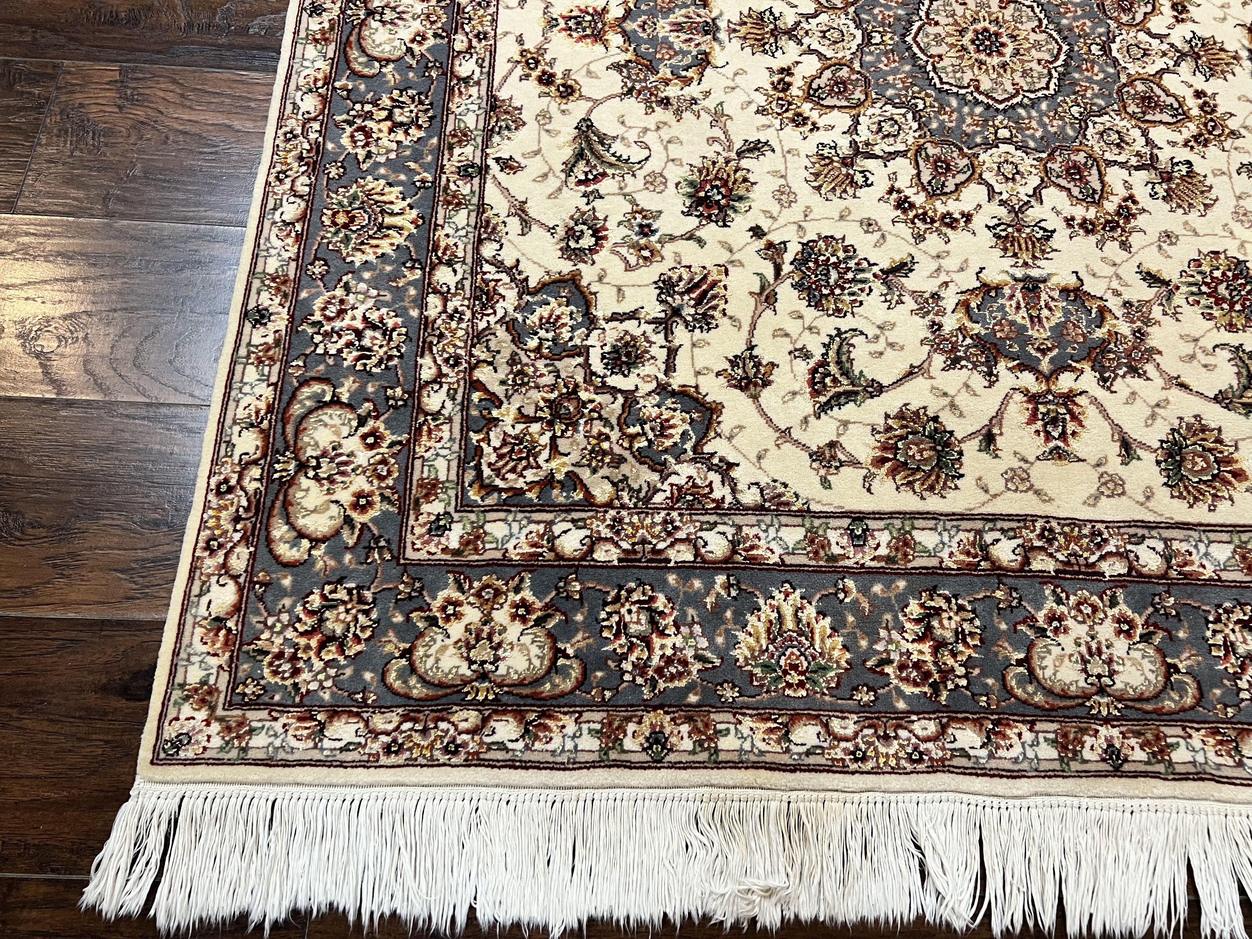 Sino Persian Square Rug 5x5, Very Fine Oriental Carpet, Wool & Silk Highlights, Ivory, Hand Knotted Handmade Vintage Traditional Rug - Image 8