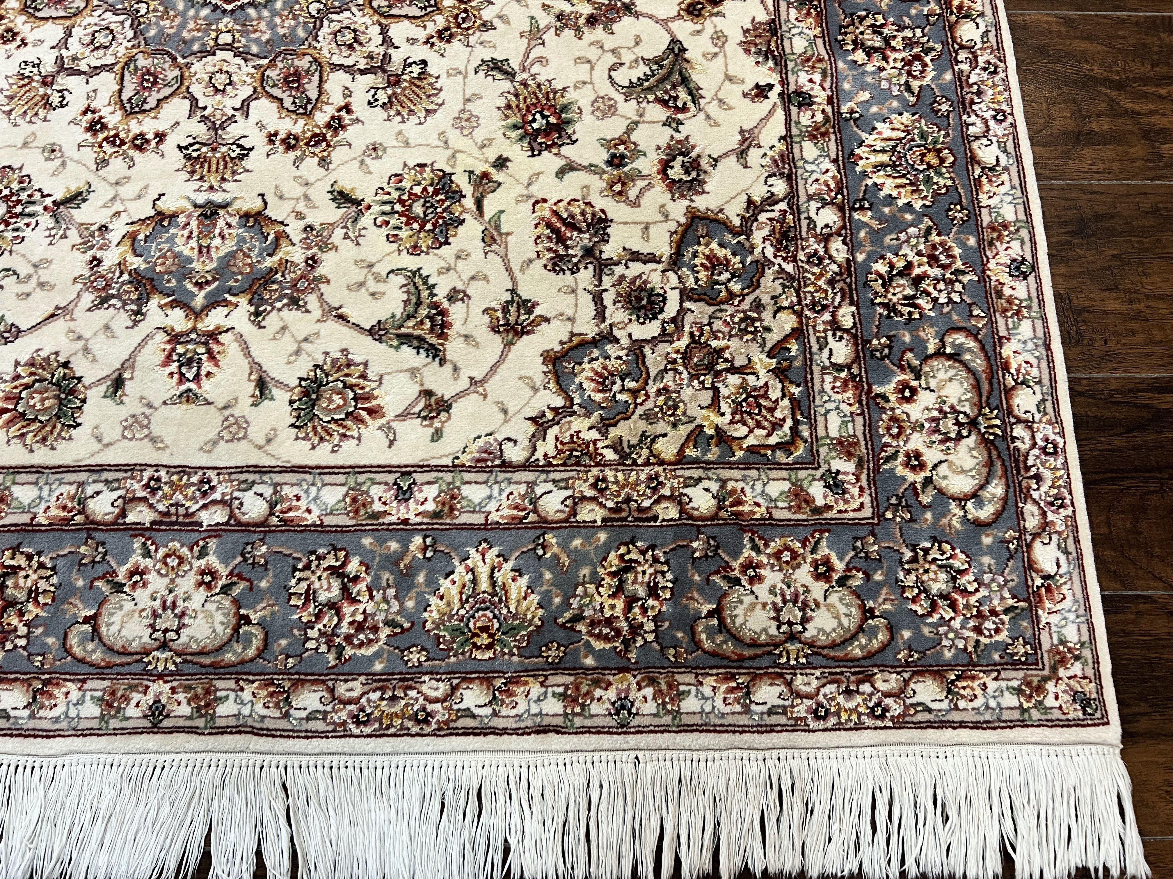 Sino Persian Square Rug 5x5, Very Fine Oriental Carpet, Wool & Silk Highlights, Ivory, Hand Knotted Handmade Vintage Traditional Rug - Image 9