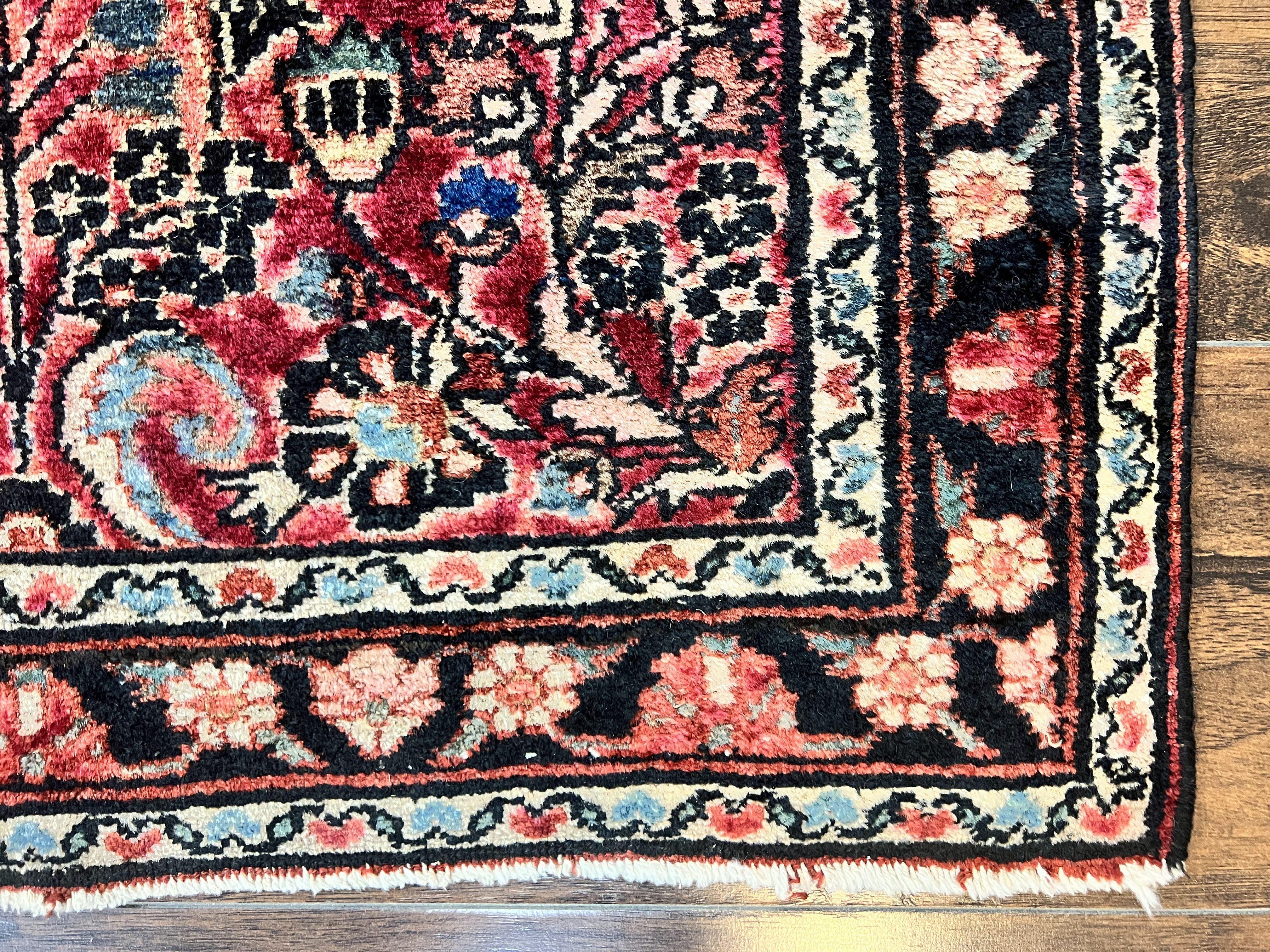 Small Antique Persian Rug 2.6 x 4, Red Floral Handmade 1920s Wool Rug, Persian Hamadan Lilian Rug - Image 9