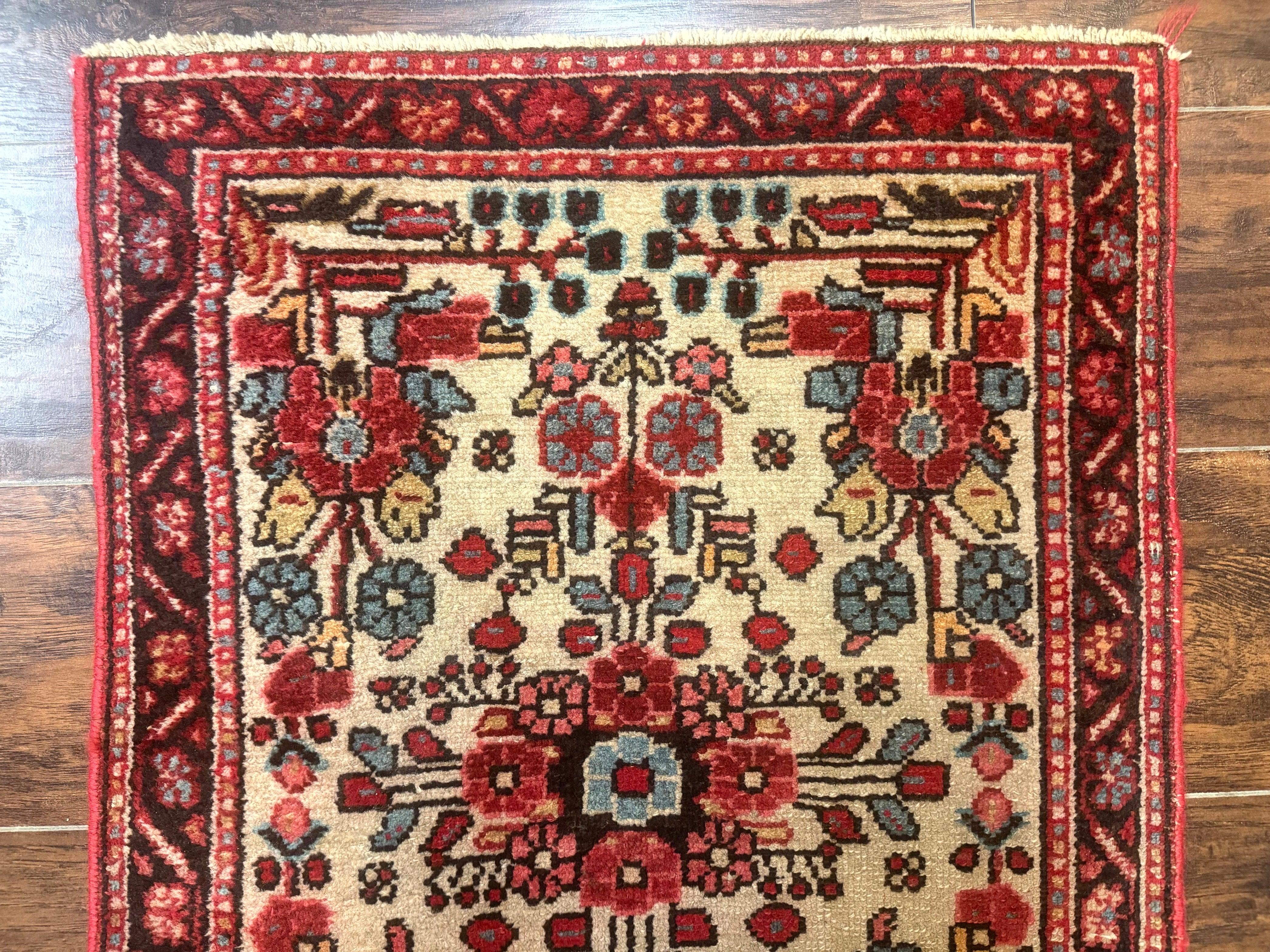 Small Antique Persian Rug 2x3, Beige and Red, Floral, Wool, Hamadan Rug - Image 3