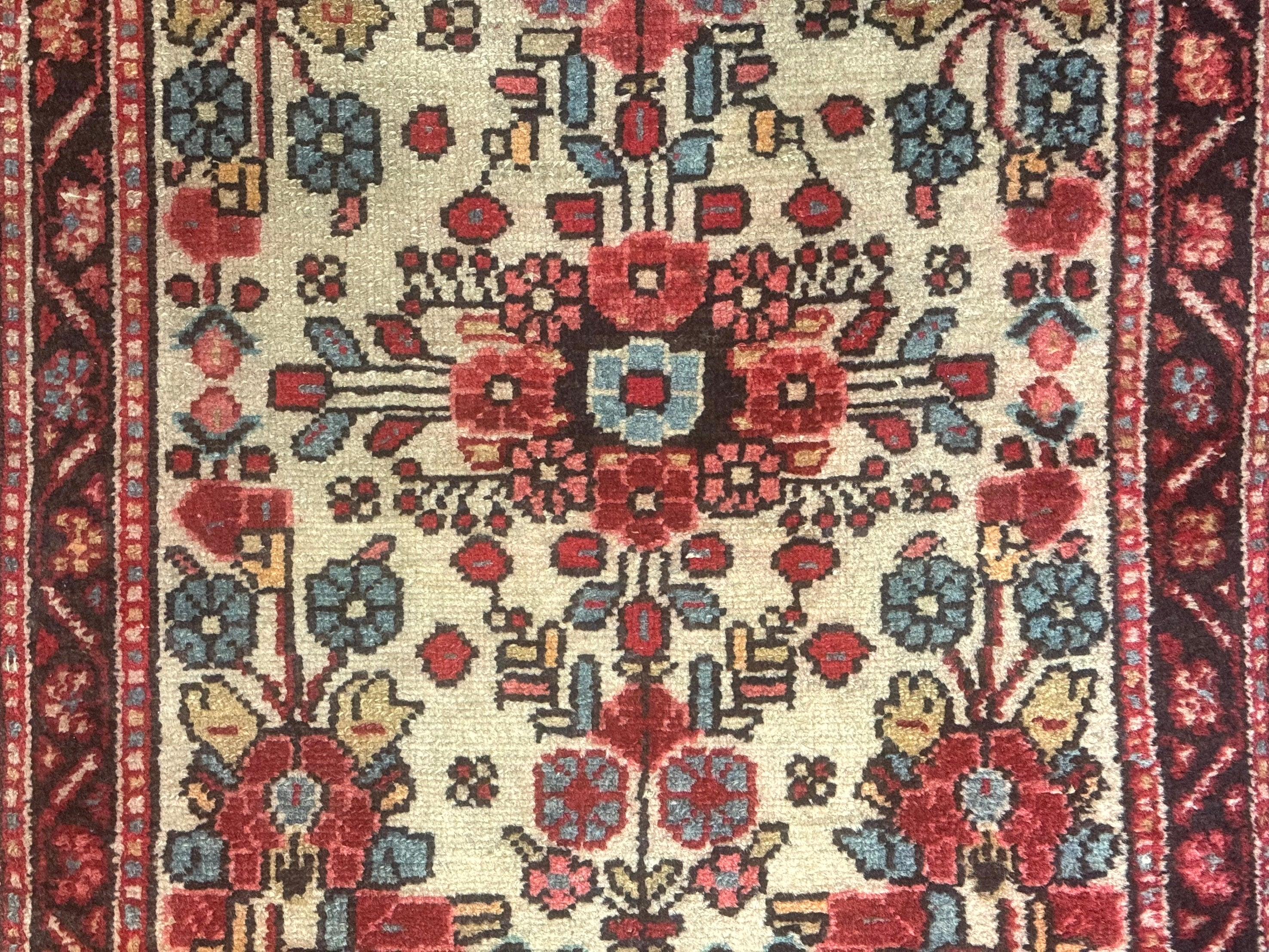 Small Antique Persian Rug 2x3, Beige and Red, Floral, Wool, Hamadan Rug - Image 4