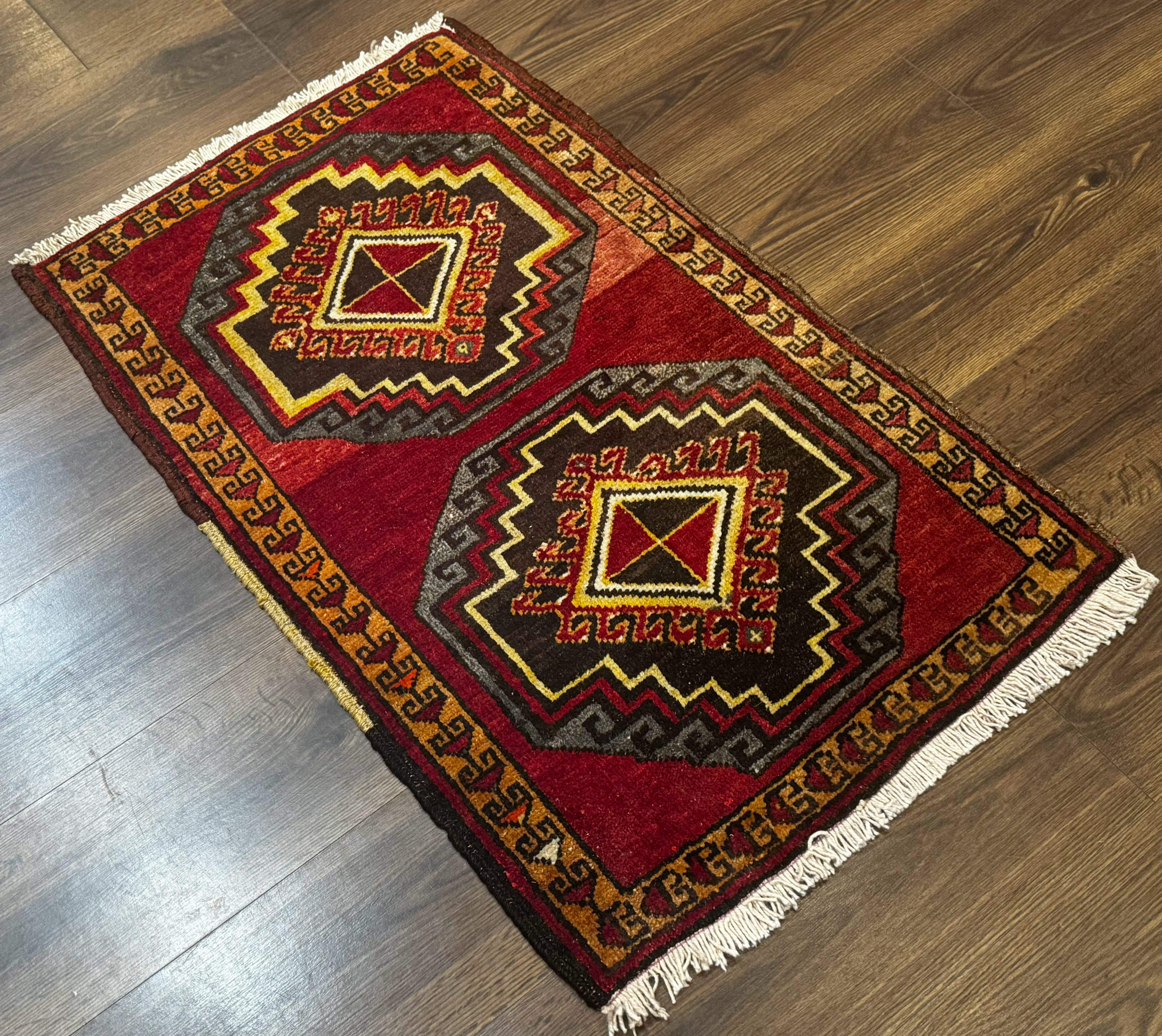 Small Antique Turkish Yastik Rug 2x3, Double Medallions, Geometric, Red, Wool - Image 12