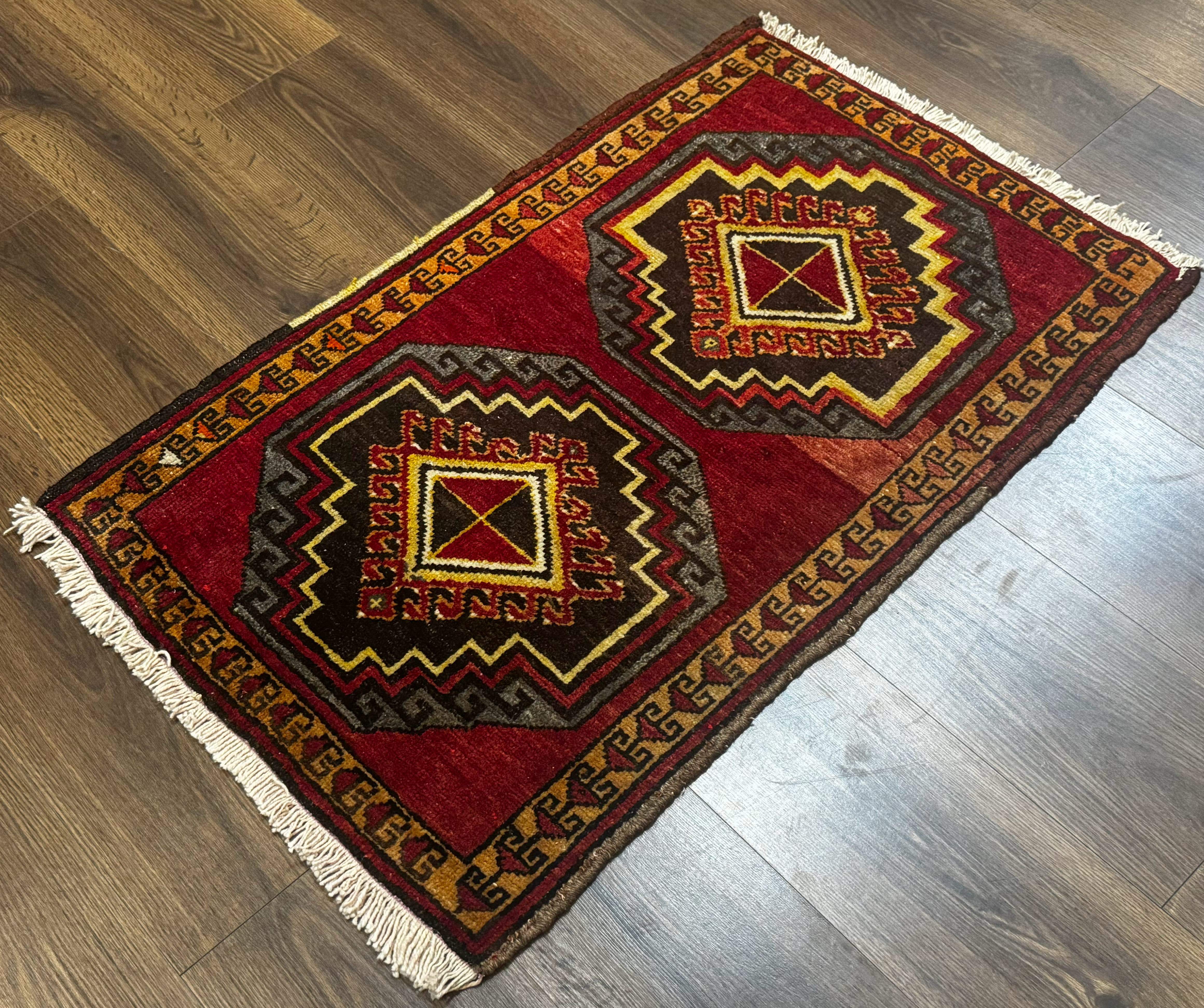 Small Antique Turkish Yastik Rug 2x3, Double Medallions, Geometric, Red, Wool - Image 2