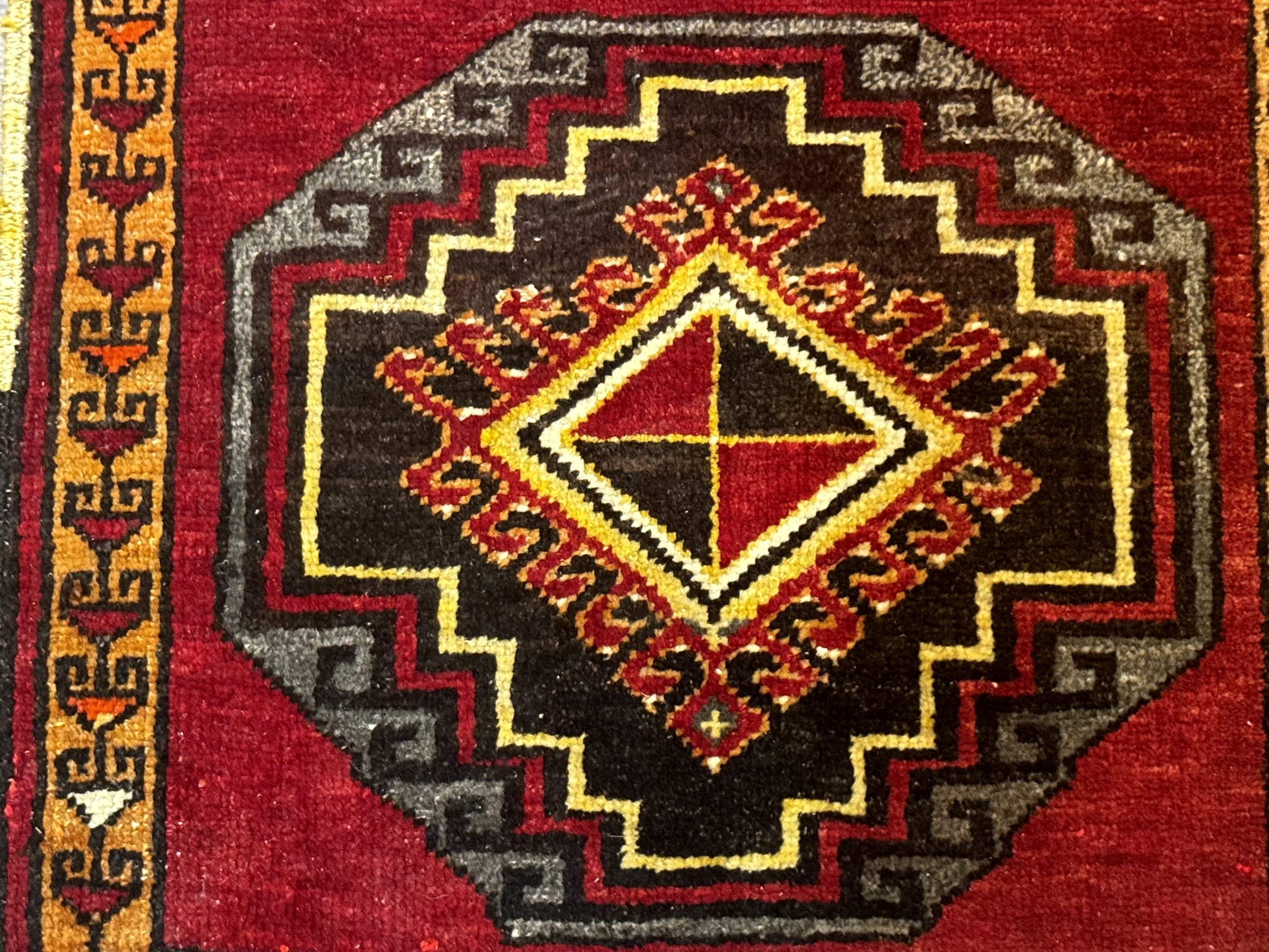 Small Antique Turkish Yastik Rug 2x3, Double Medallions, Geometric, Red, Wool - Image 4