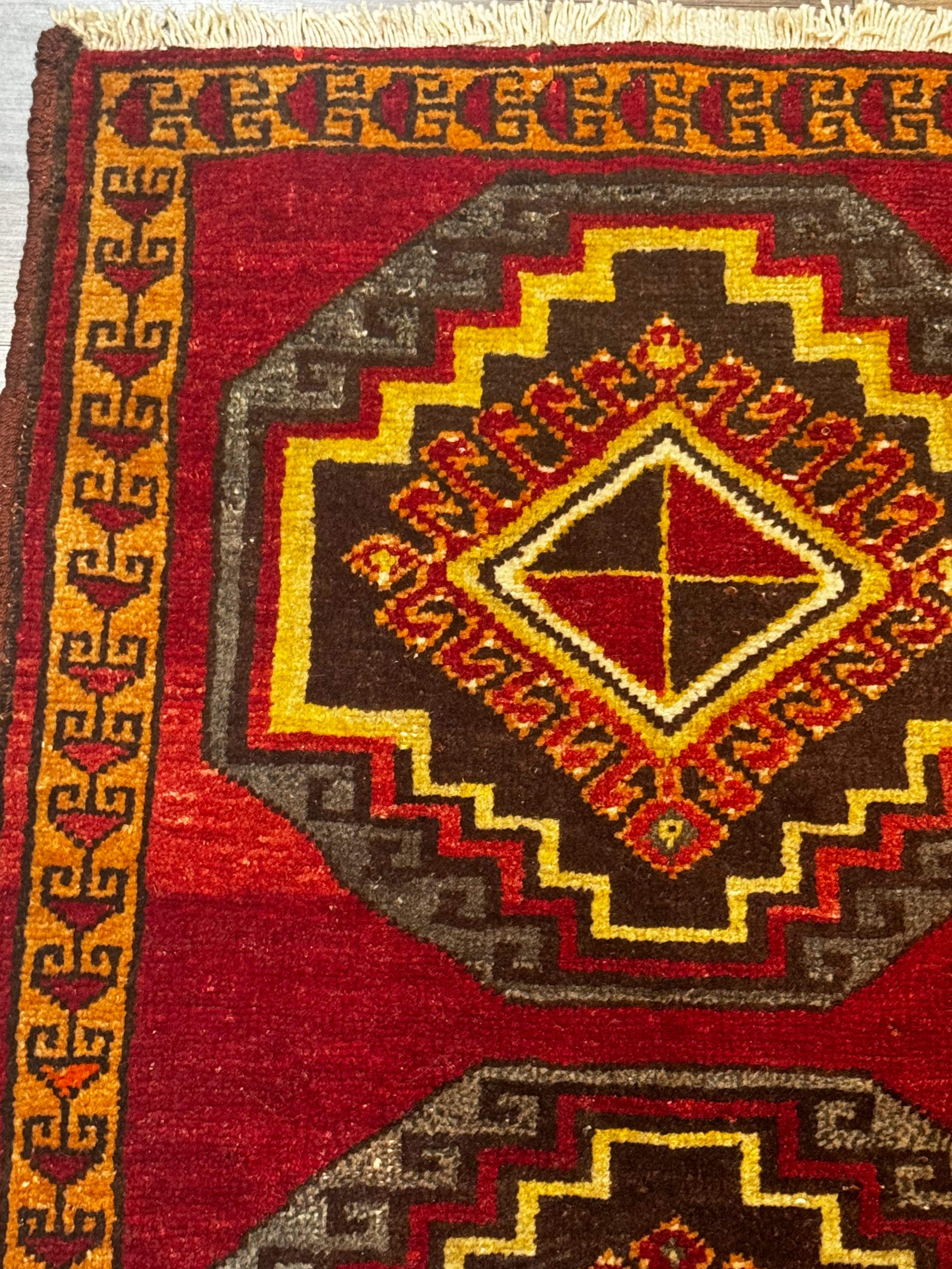 Small Antique Turkish Yastik Rug 2x3, Double Medallions, Geometric, Red, Wool - Image 6