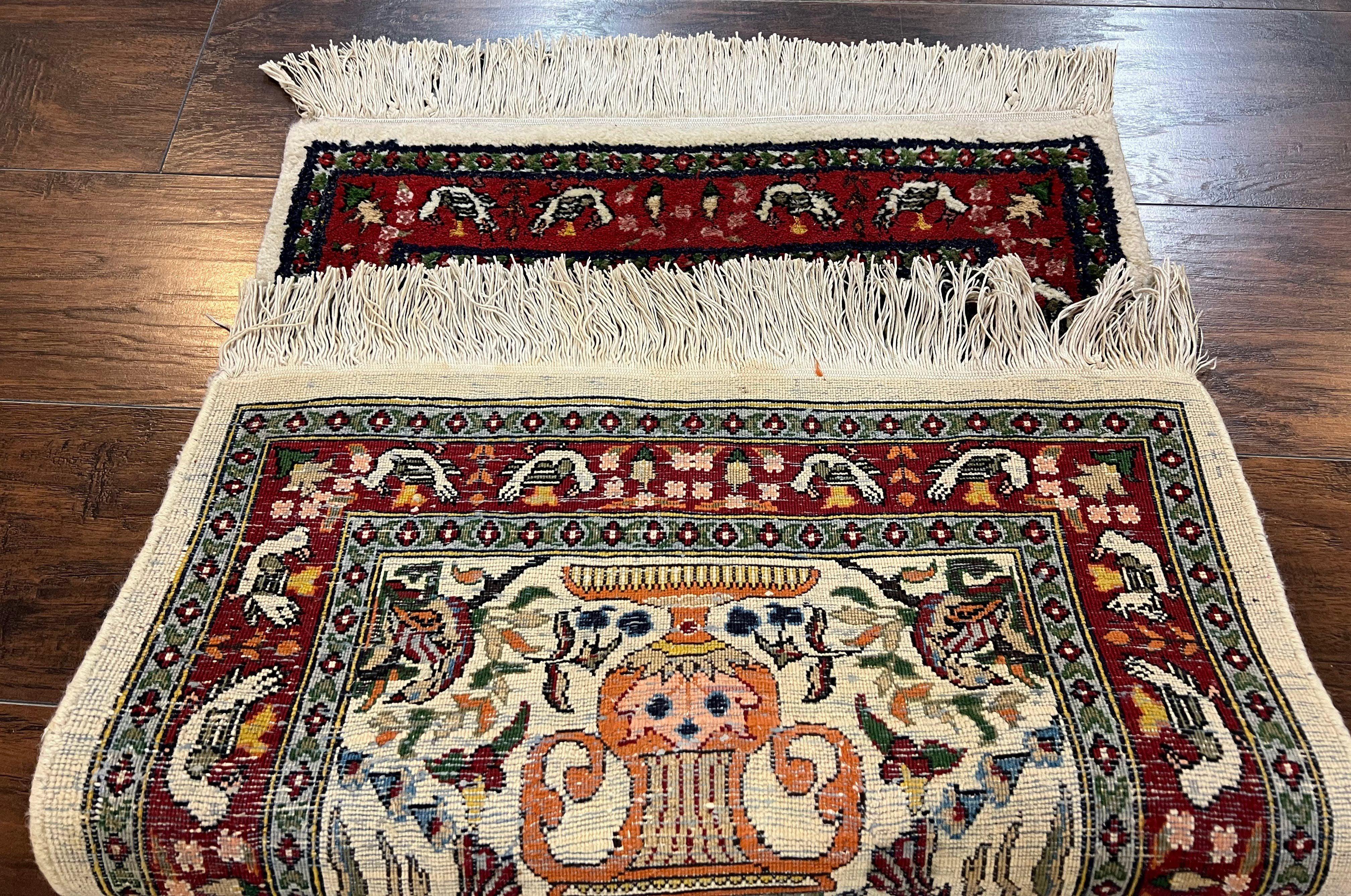 Small Indo Persian Rug 2x3 ft, Wool with Silk Highlights, Animal Pictorials, Birds - Image 11