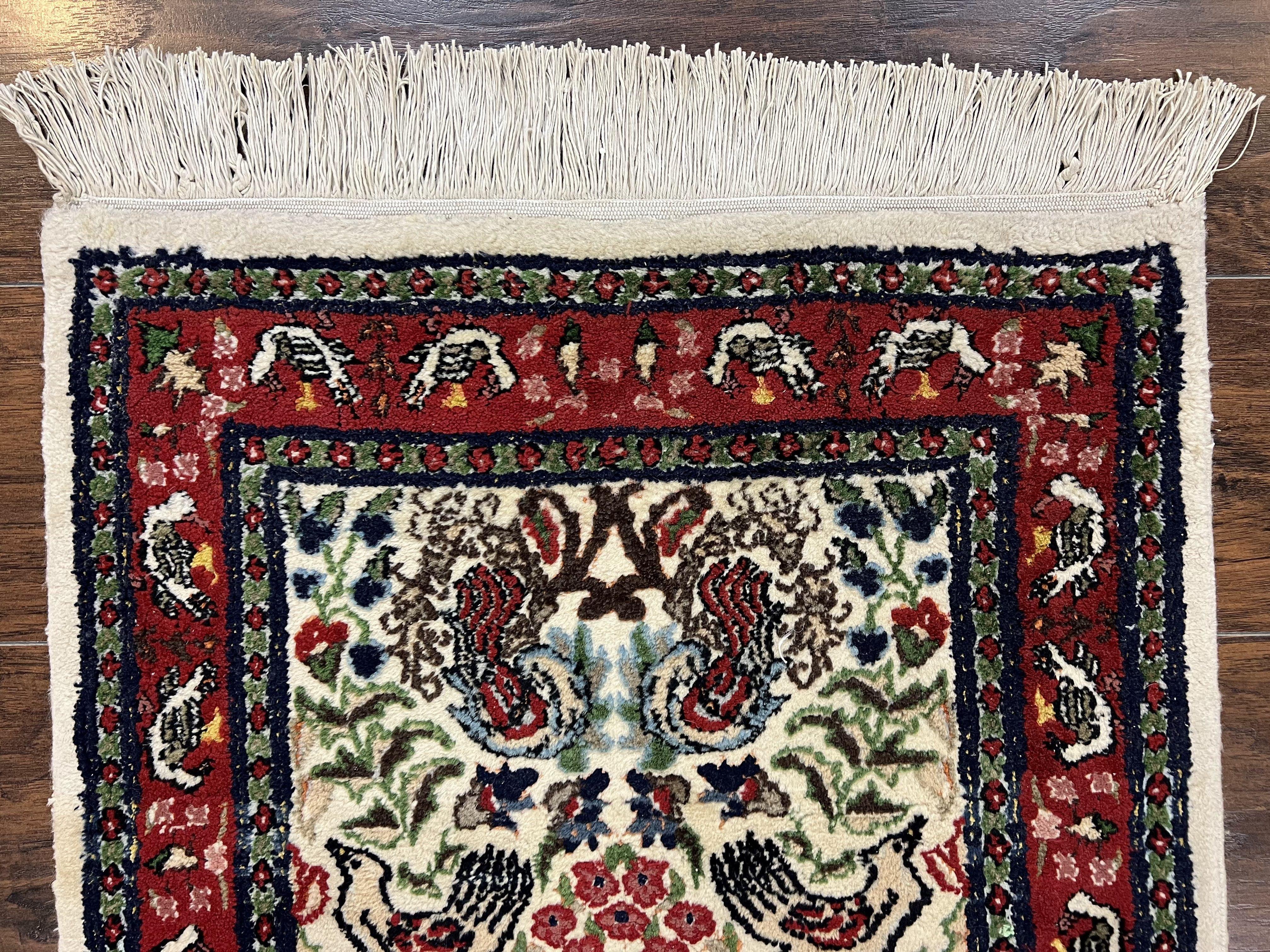 Small Indo Persian Rug 2x3 ft, Wool with Silk Highlights, Animal Pictorials, Birds - Image 3