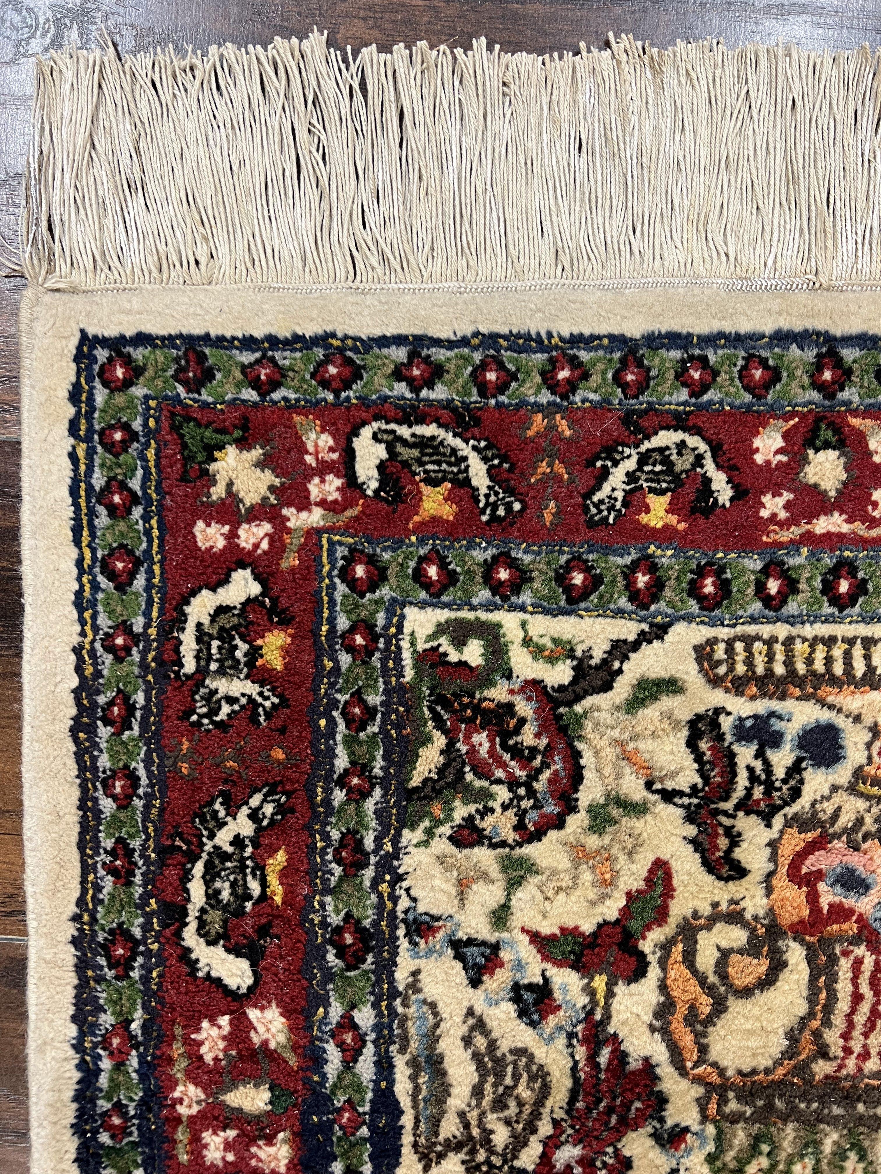 Small Indo Persian Rug 2x3 ft, Wool with Silk Highlights, Animal Pictorials, Birds - Image 6
