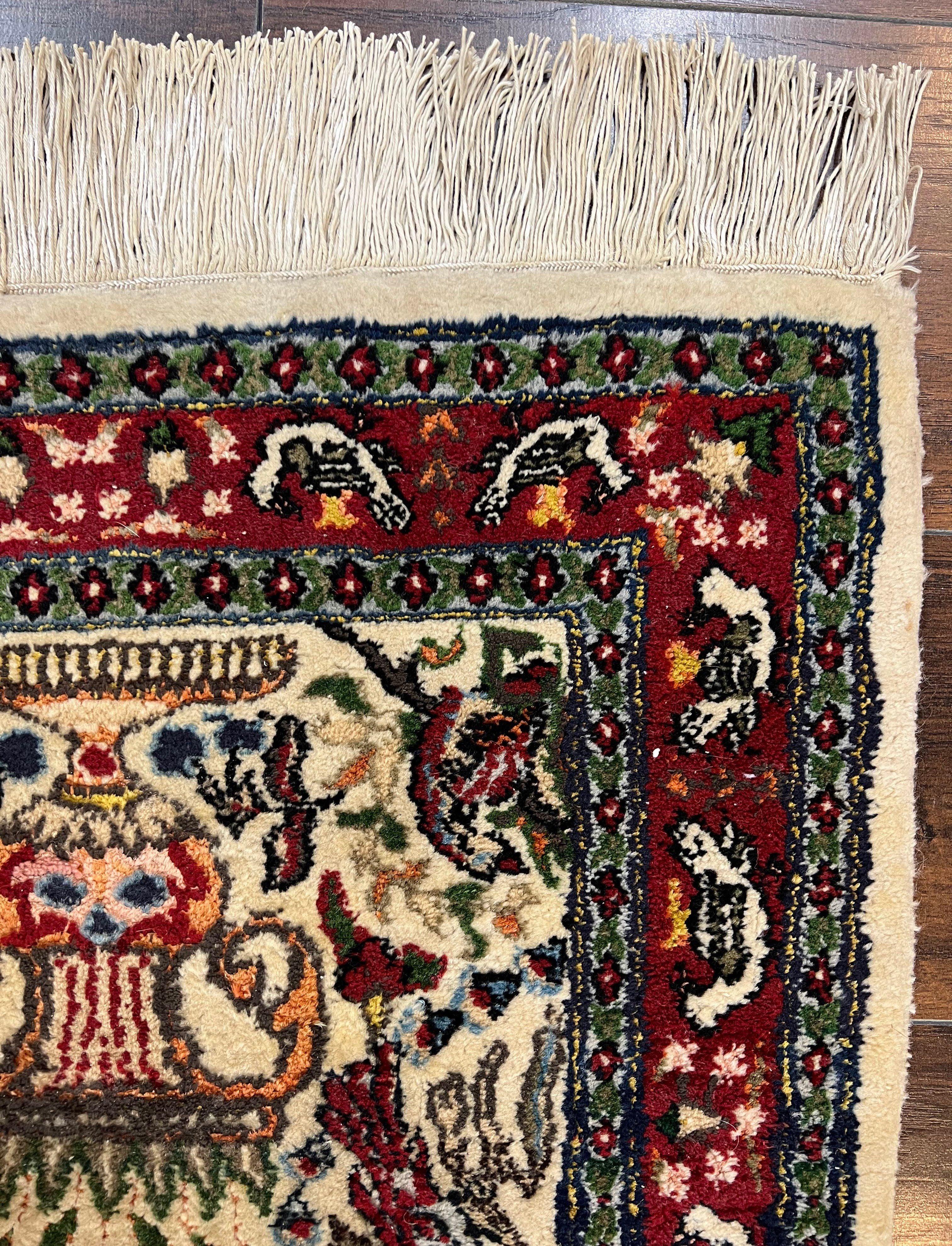 Small Indo Persian Rug 2x3 ft, Wool with Silk Highlights, Animal Pictorials, Birds - Image 7