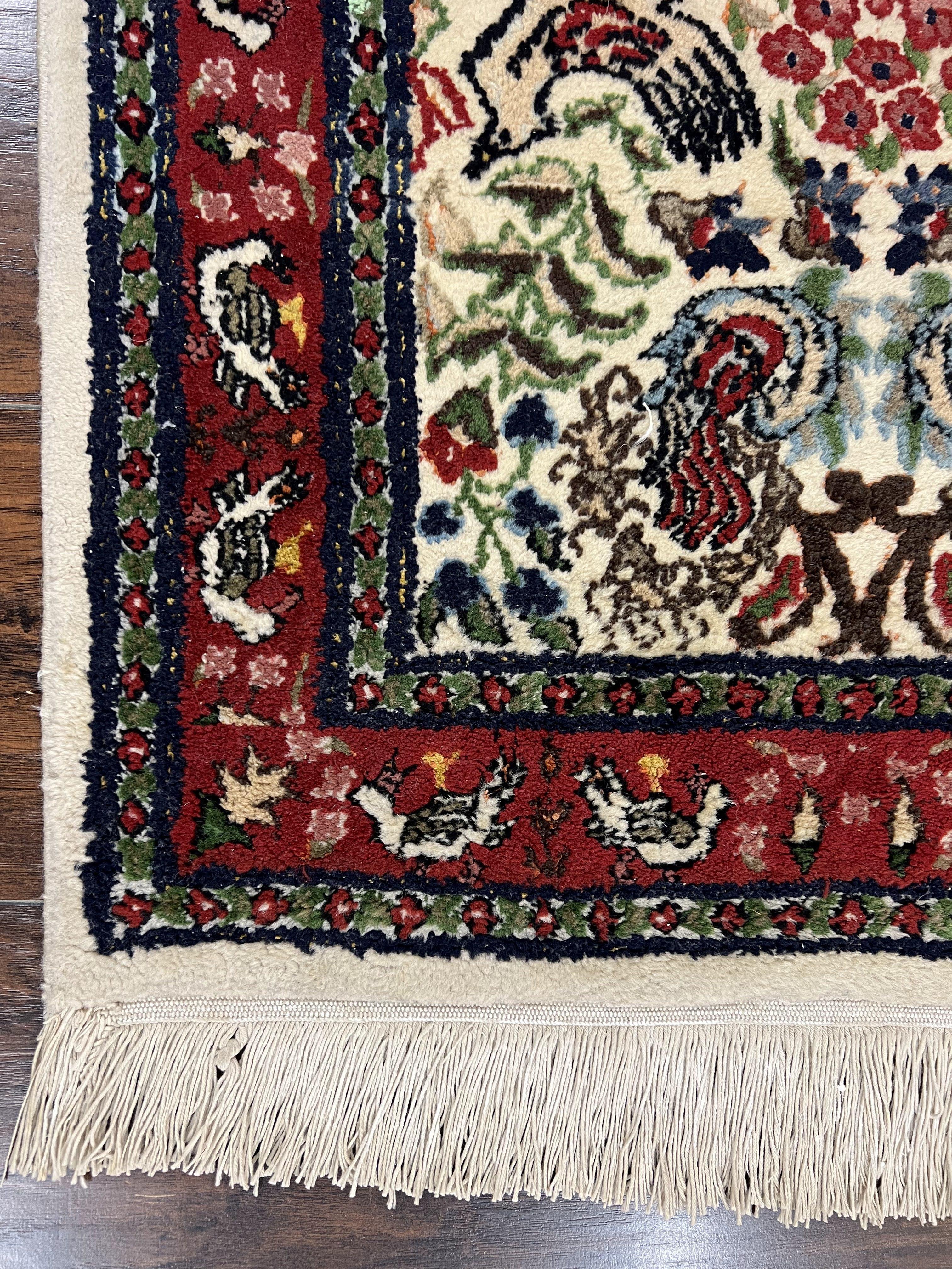Small Indo Persian Rug 2x3 ft, Wool with Silk Highlights, Animal Pictorials, Birds - Image 8