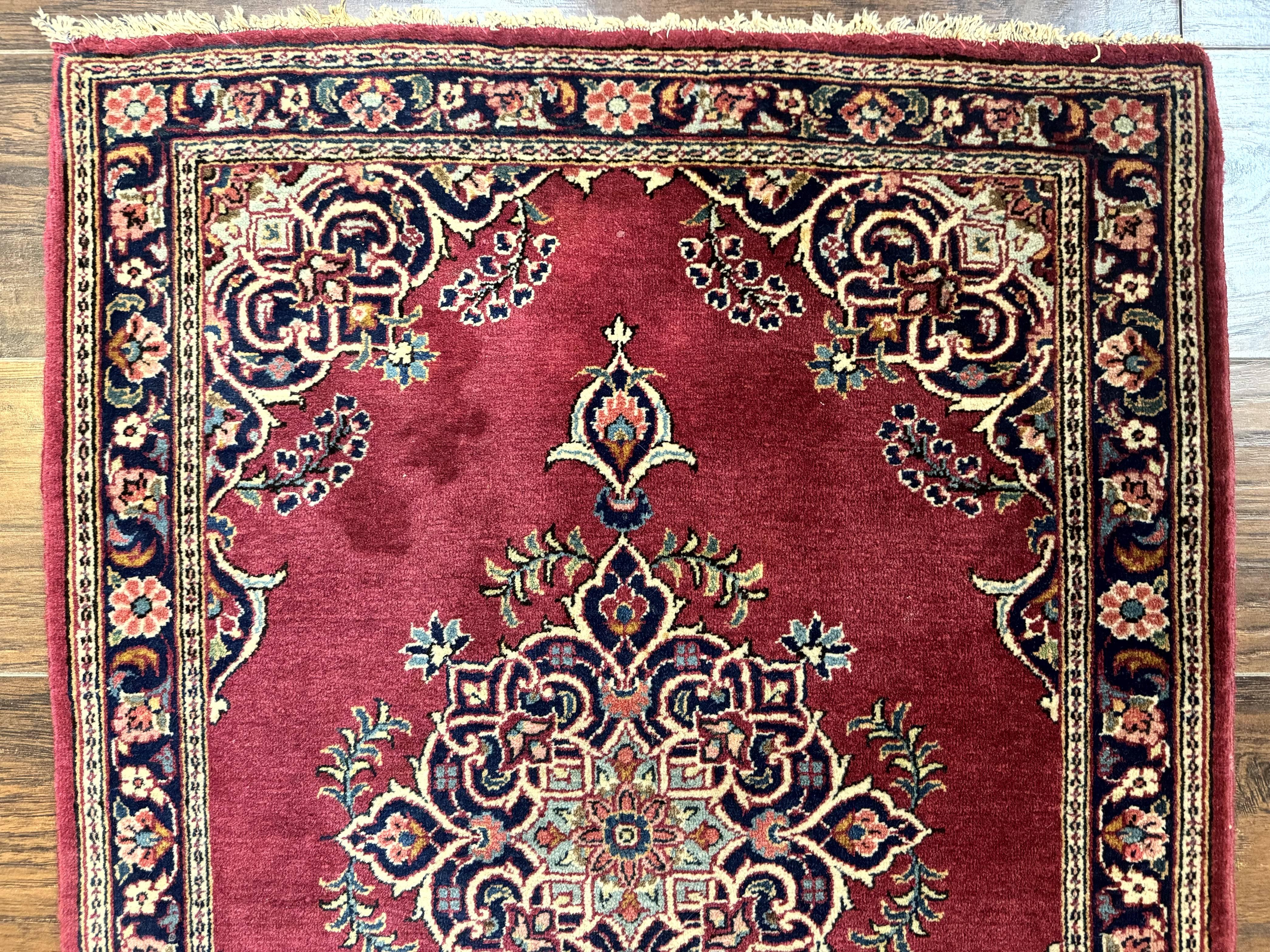 Small Persian Kashan Rug 2x3, Red and Navy Blue, Handmade Vintage Wool Semi Antique Persian Carpet, Semi Open Field - Image 2