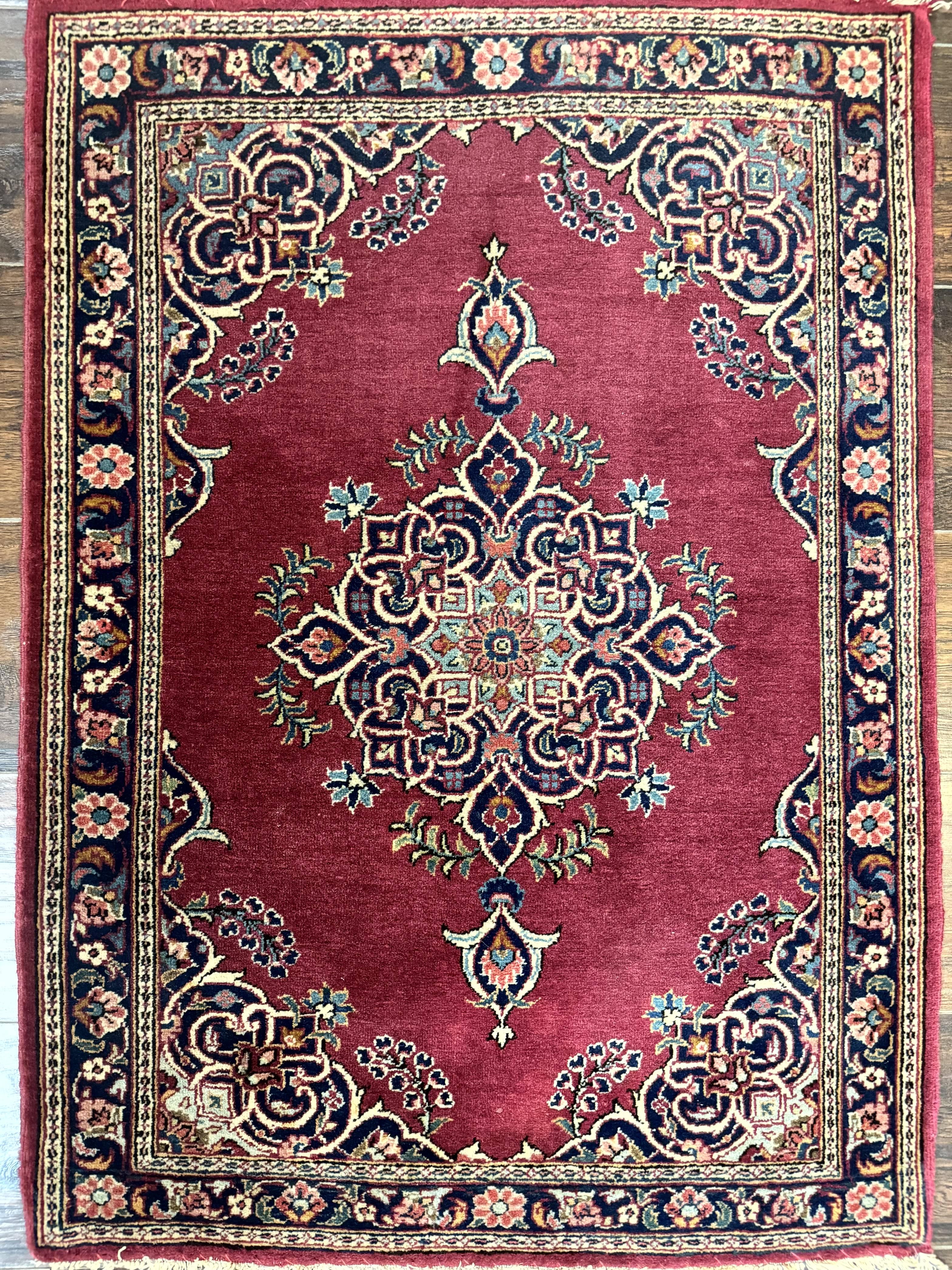 Small Persian Kashan Rug 2x3, Red and Navy Blue, Handmade Vintage Wool Semi Antique Persian Carpet, Semi Open Field - Image 3
