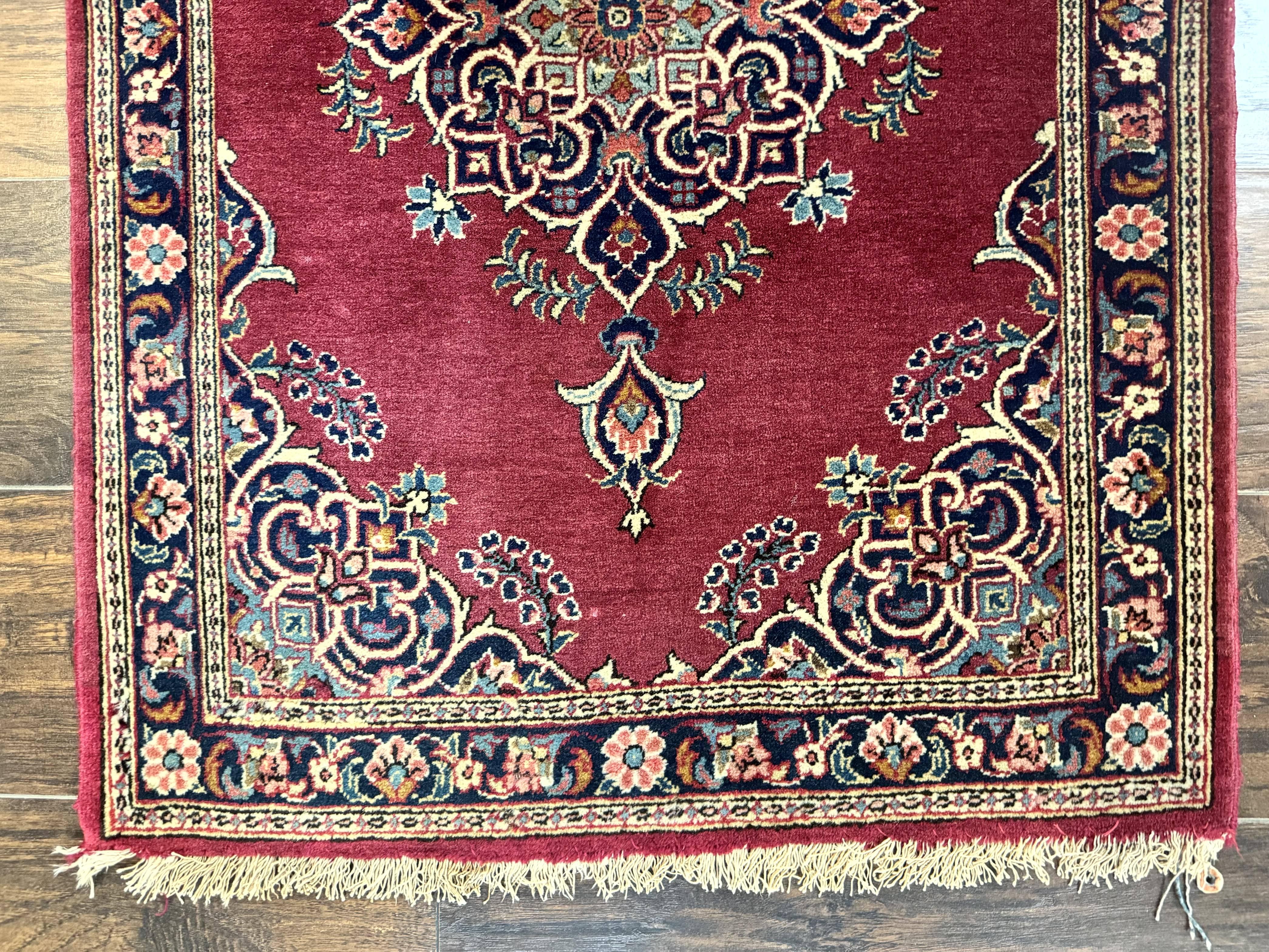 Small Persian Kashan Rug 2x3, Red and Navy Blue, Handmade Vintage Wool Semi Antique Persian Carpet, Semi Open Field - Image 4