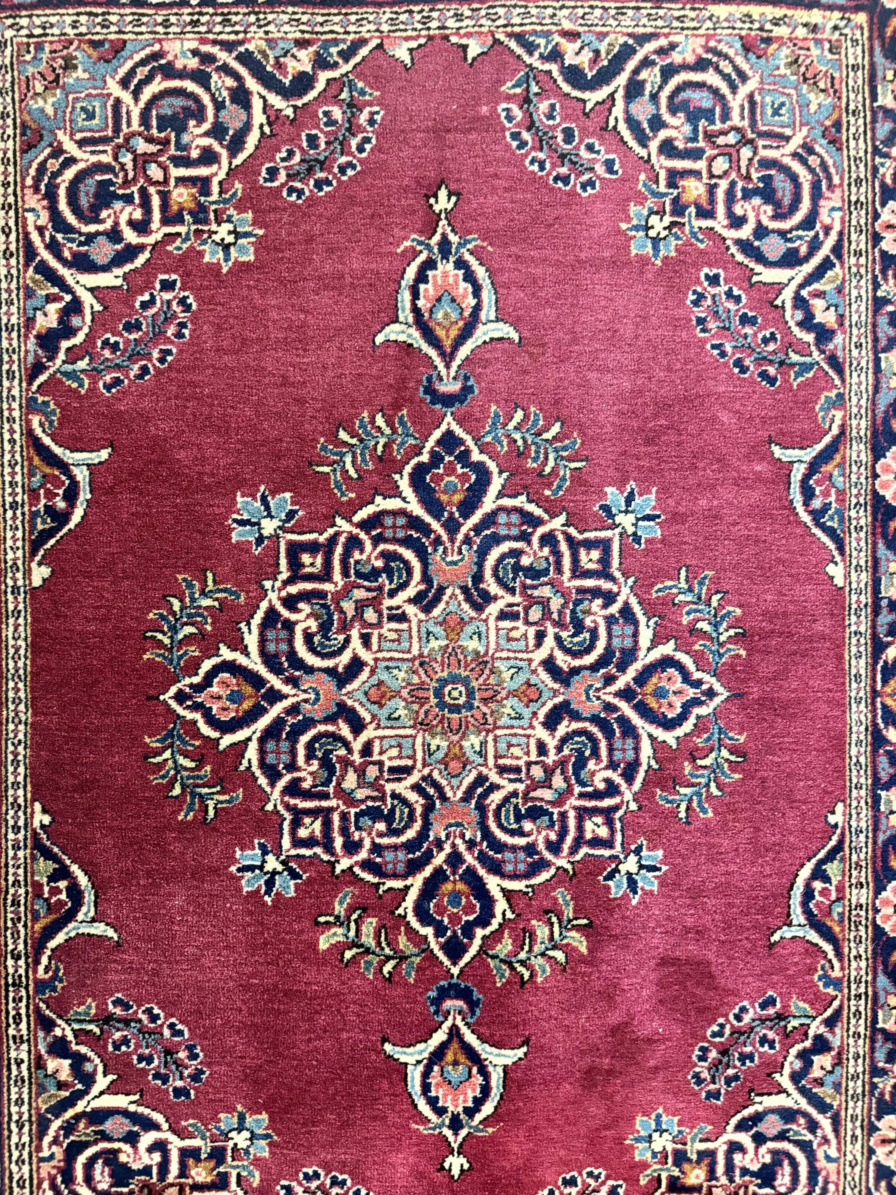 Small Persian Kashan Rug 2x3, Red and Navy Blue, Handmade Vintage Wool Semi Antique Persian Carpet, Semi Open Field - Image 5