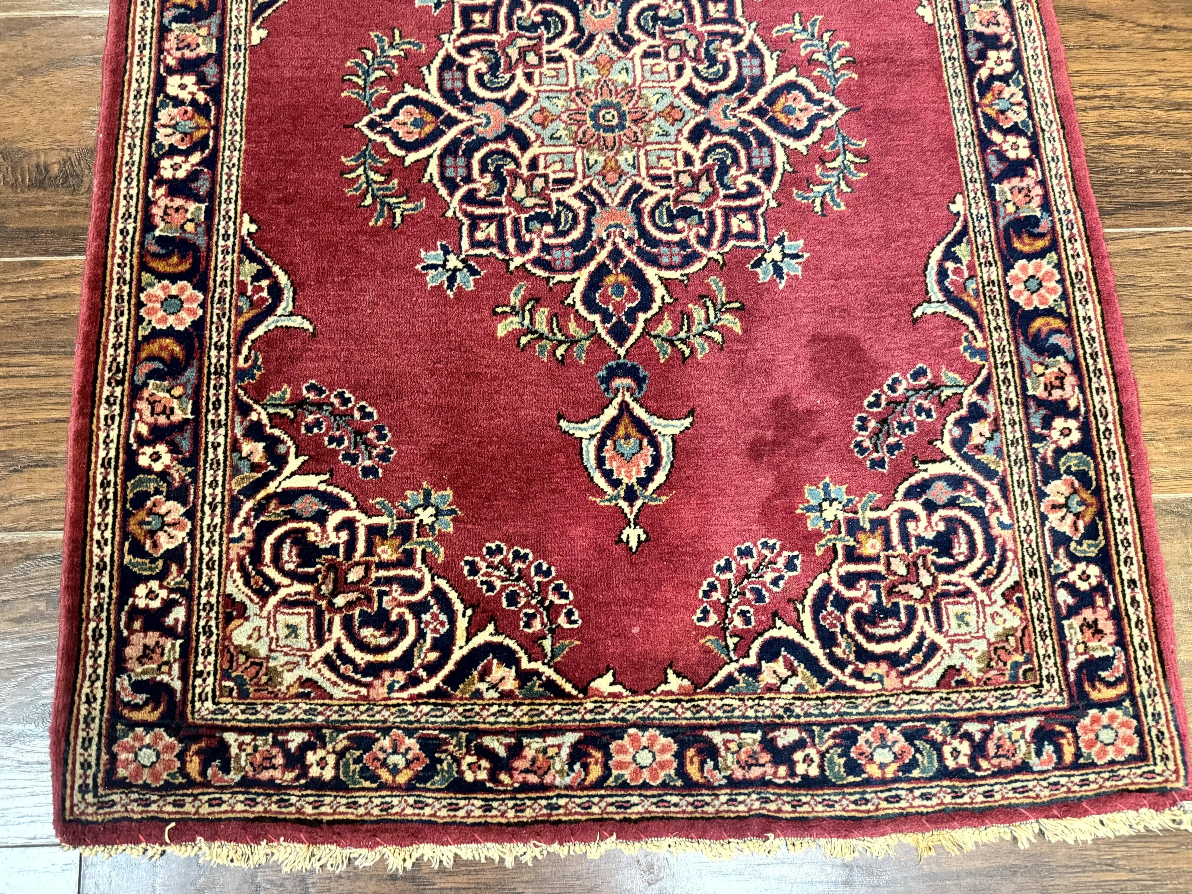 Small Persian Kashan Rug 2x3, Red and Navy Blue, Handmade Vintage Wool Semi Antique Persian Carpet, Semi Open Field - Image 6